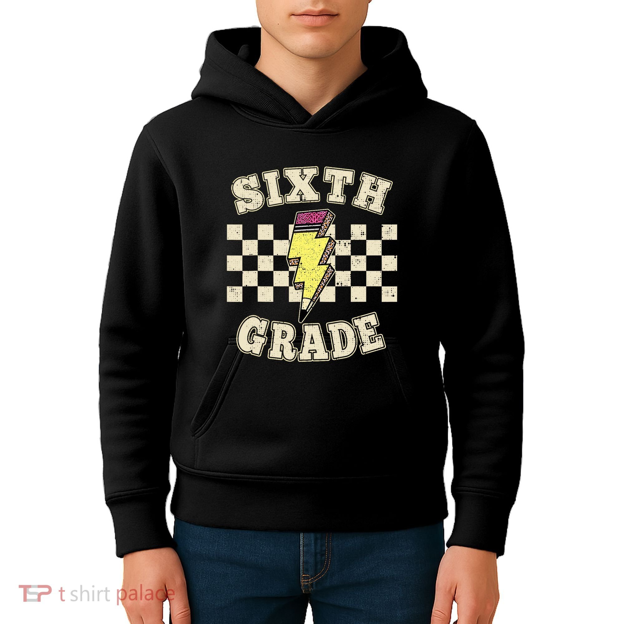 Retro 6th Sixth Grade Teacher Lightning Bolt Pencil Teacher Kids Hoodie