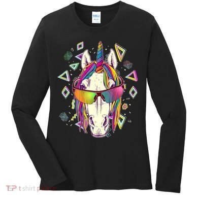 Retro 80's Eighties Rainbow Unicorn Women's Long Sleeve Shirt