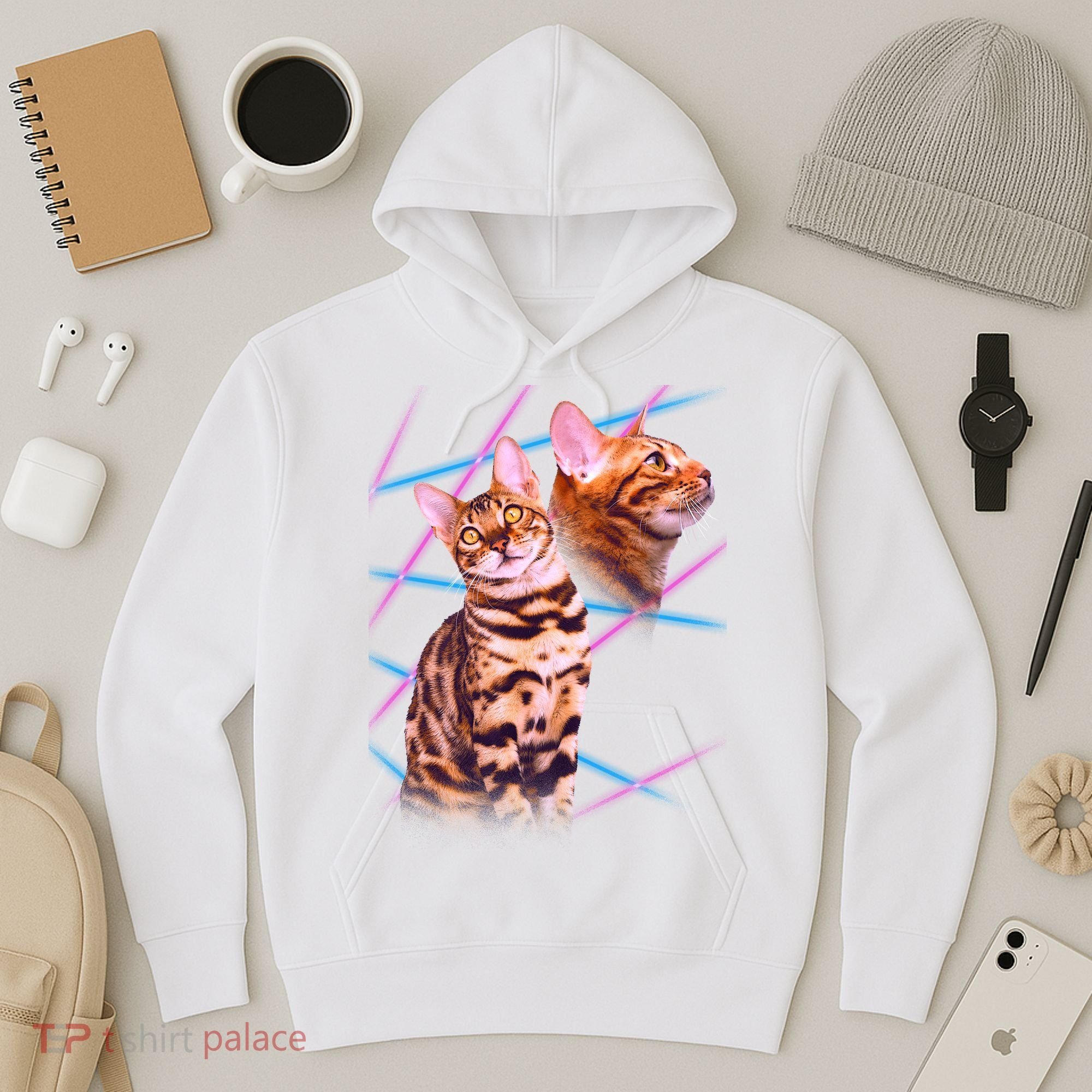 Retro 80s Eighties Lasers Double Exsposure Cat Hoodie