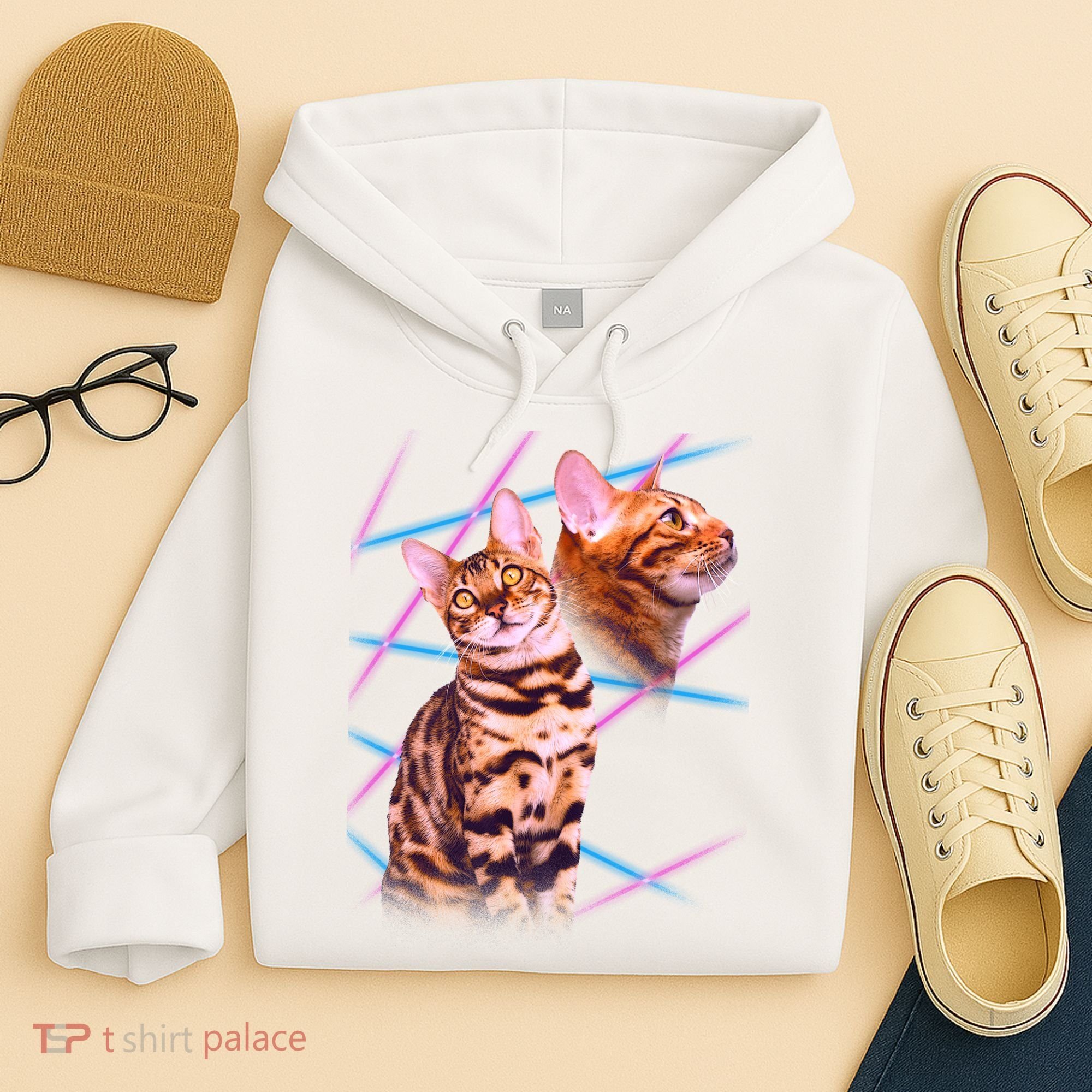 Retro 80s Eighties Lasers Double Exsposure Cat Hoodie
