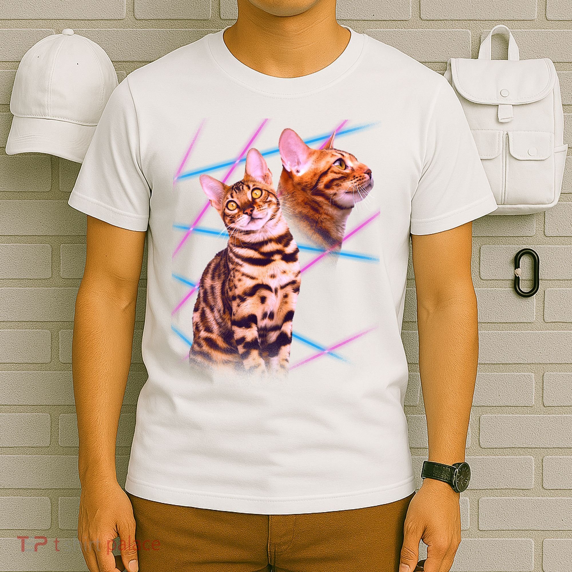 Retro 80s Eighties Lasers Double Exsposure Cat T-Shirt
