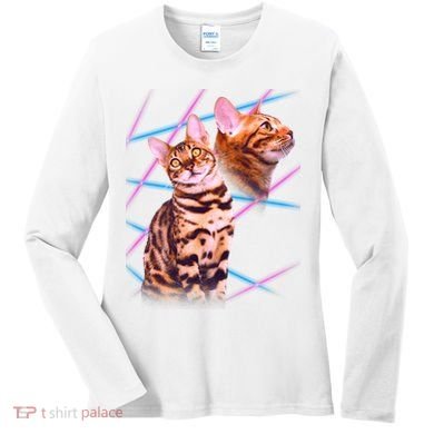 Retro 80s Eighties Lasers Double Exsposure Cat Women's Long Sleeve Shirt