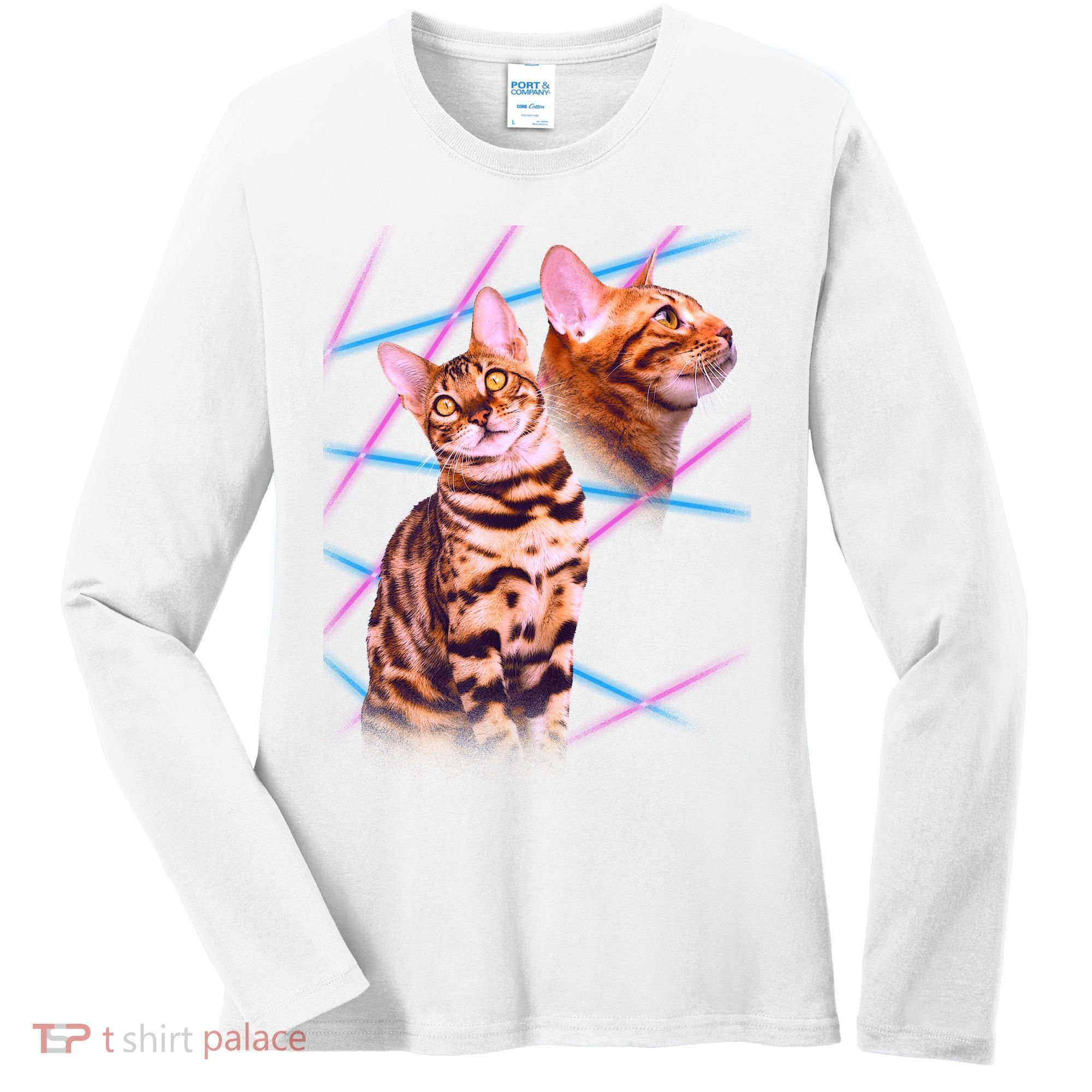 Retro 80s Eighties Lasers Double Exsposure Cat Women's Long Sleeve Shirt