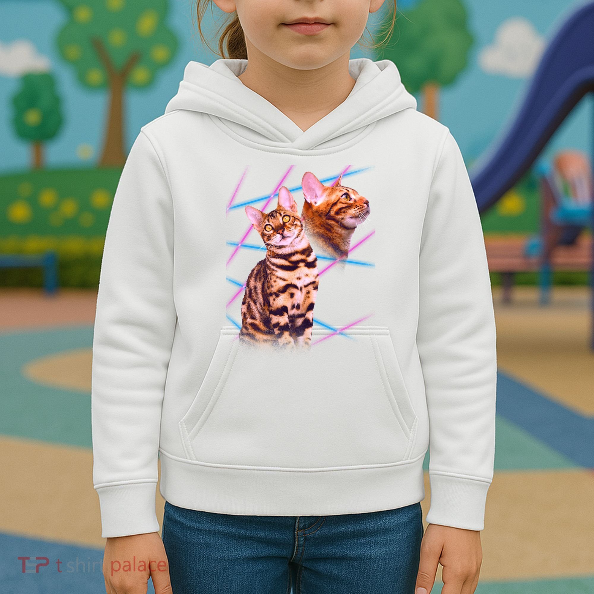Retro 80s Eighties Lasers Double Exsposure Cat Kids Hoodie