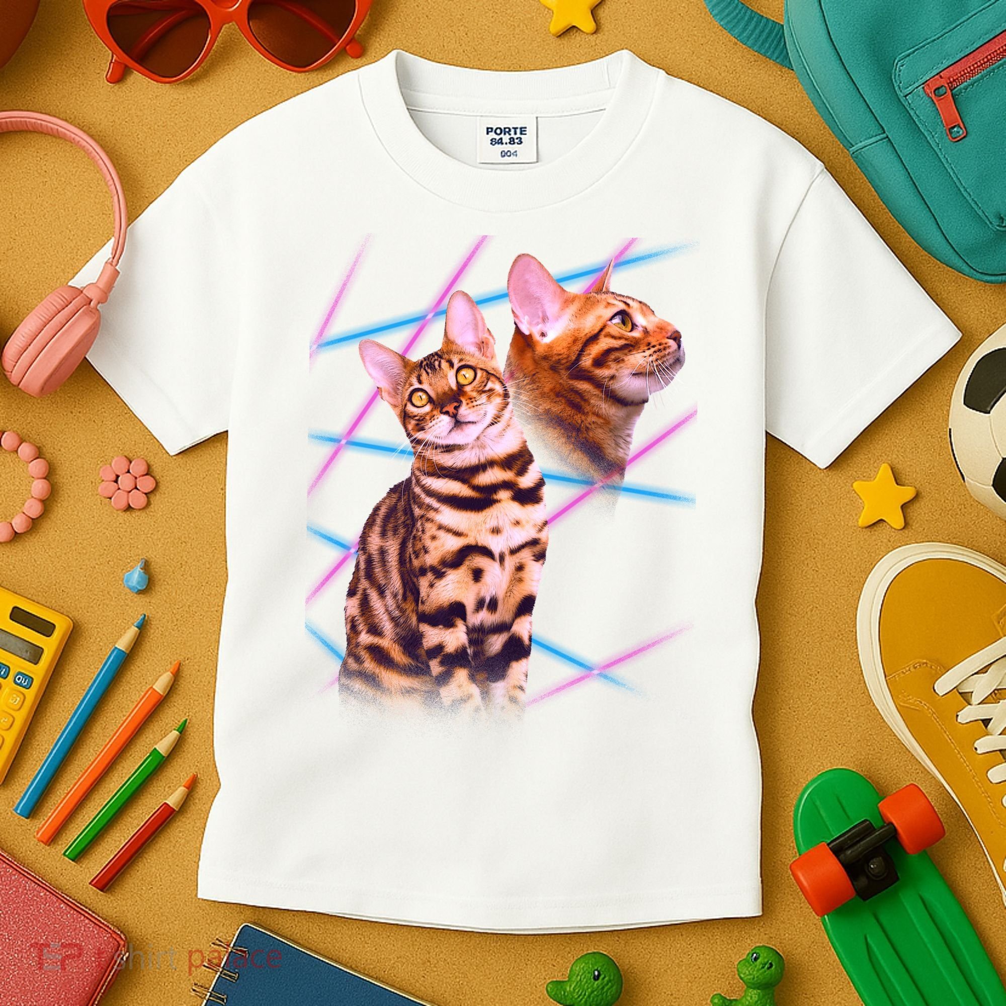 Retro 80s Eighties Lasers Double Exsposure Cat Kids T-Shirt