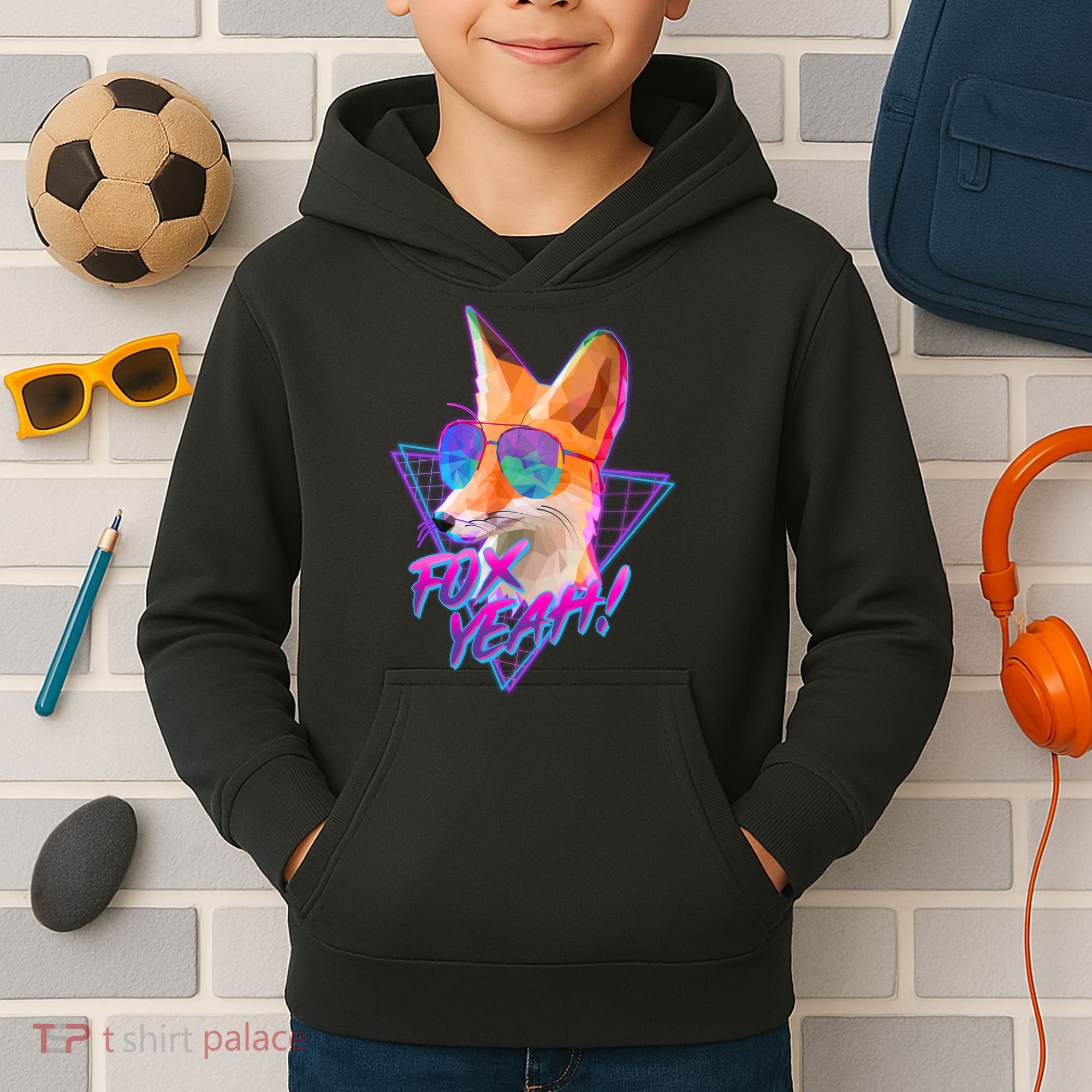 Retro 80's Eighties Polygon Fox Yeah Kids Hoodie