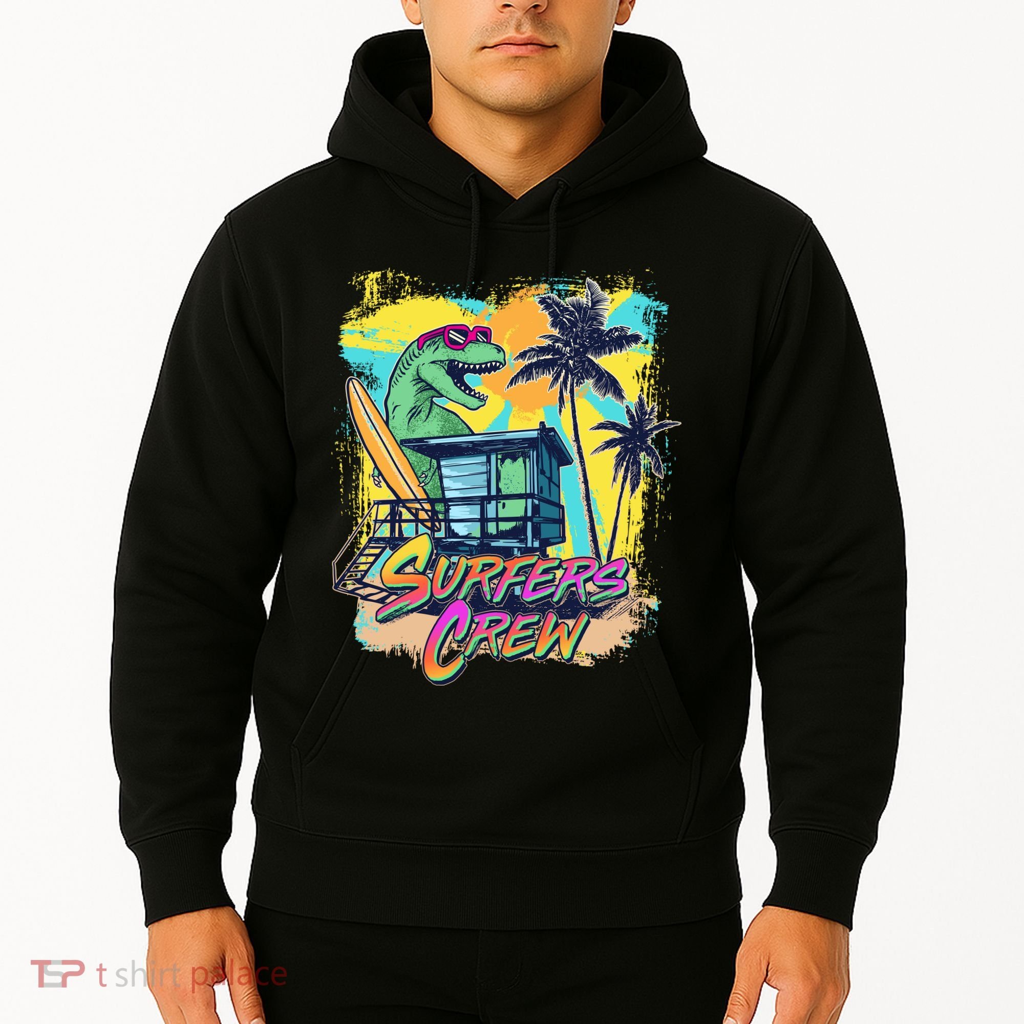Retro 80s Eighties TRex Dinosaur Surfers Crew Hoodie