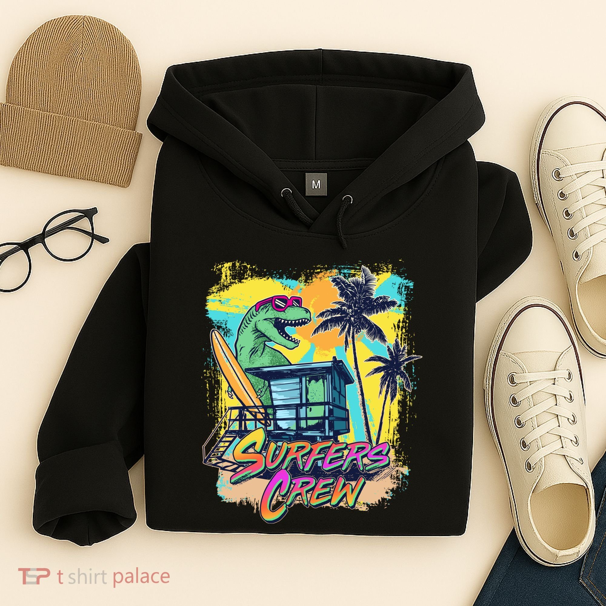 Retro 80s Eighties TRex Dinosaur Surfers Crew Hoodie