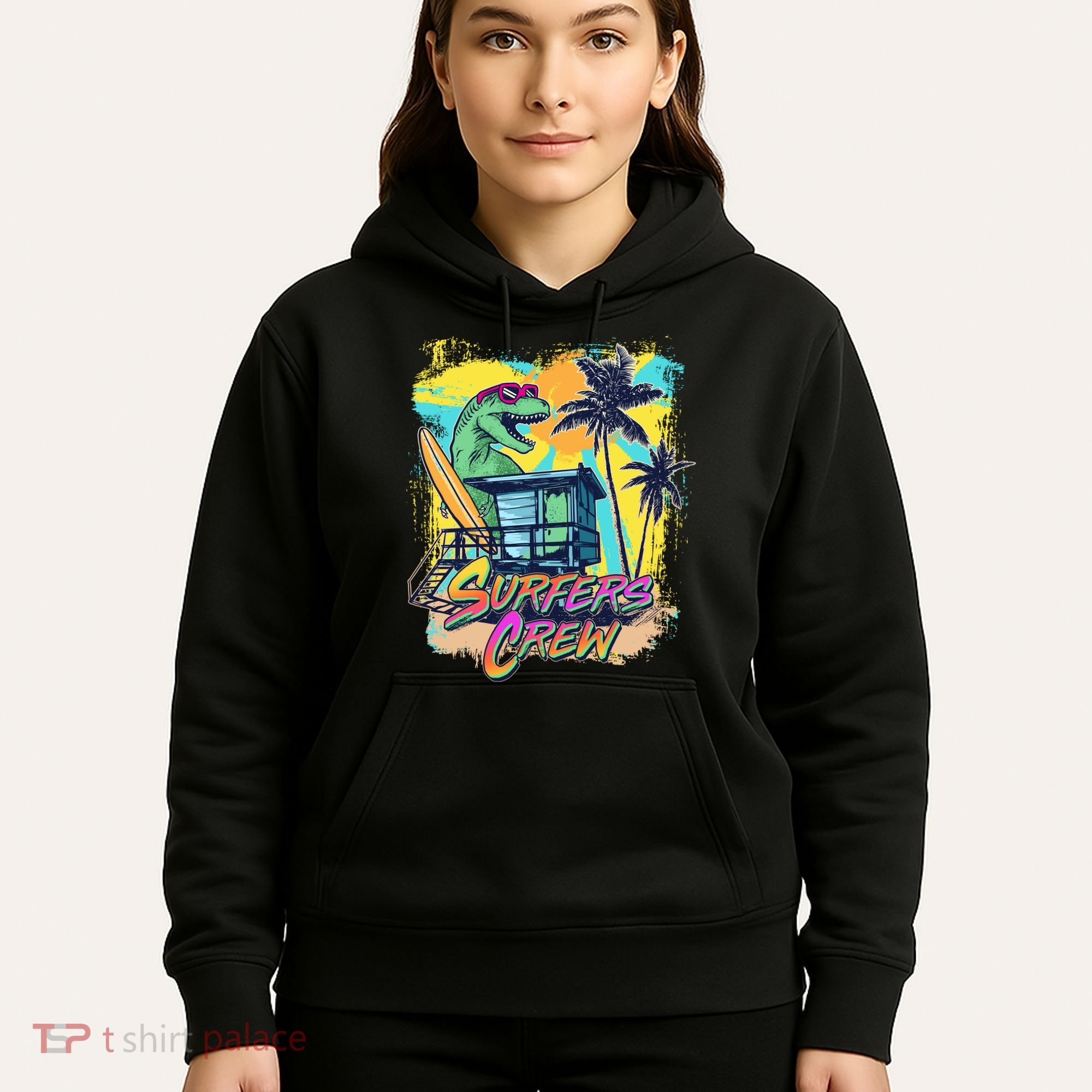 Retro 80s Eighties TRex Dinosaur Surfers Crew Hoodie