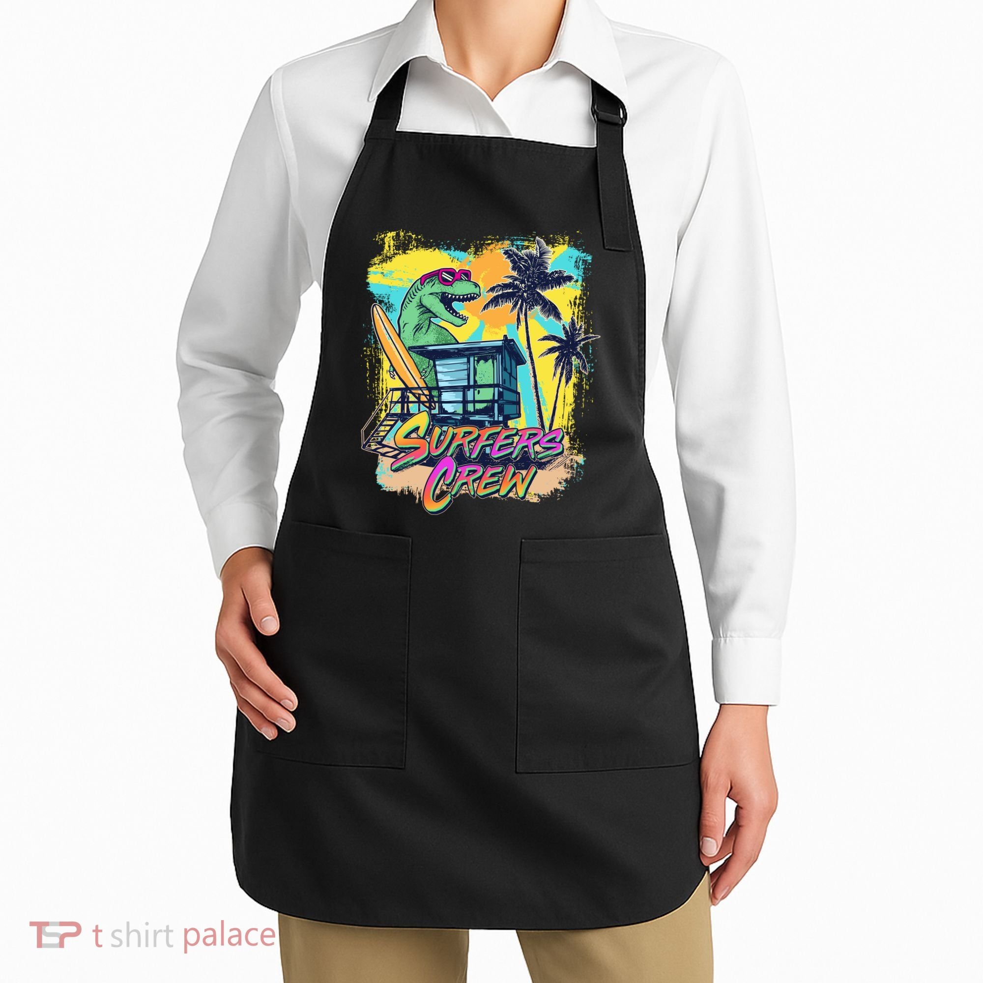 Retro 80s Eighties TRex Dinosaur Surfers Crew Apron