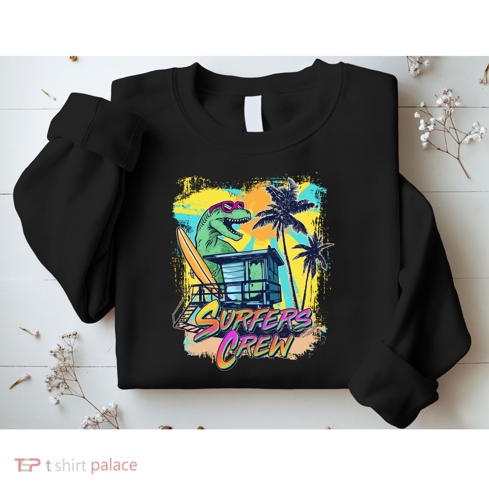 Retro 80s Eighties TRex Dinosaur Surfers Crew Sweatshirt