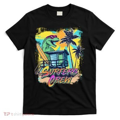 Retro 80s Eighties TRex Dinosaur Surfers Crew T-Shirt