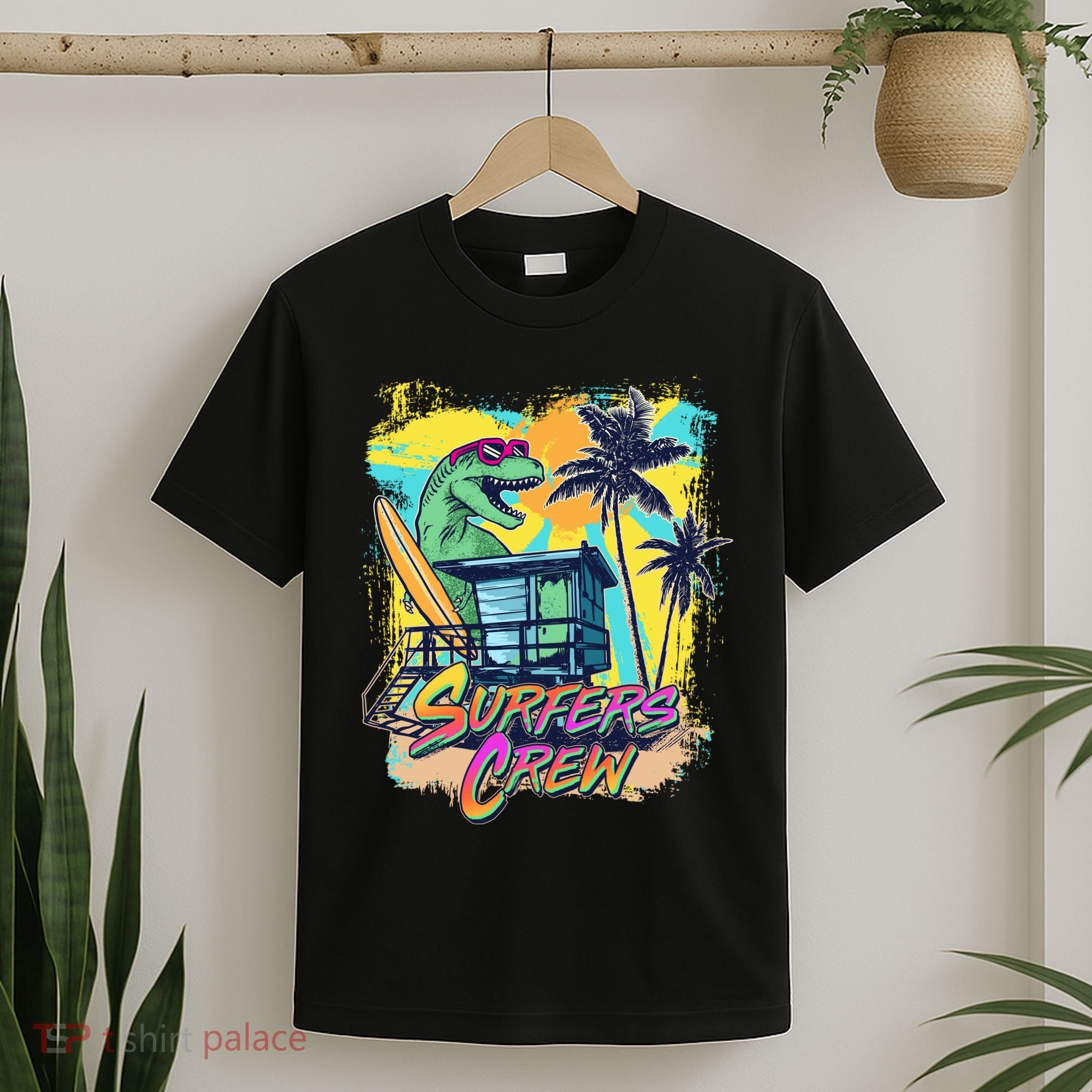 Retro 80s Eighties TRex Dinosaur Surfers Crew T-Shirt