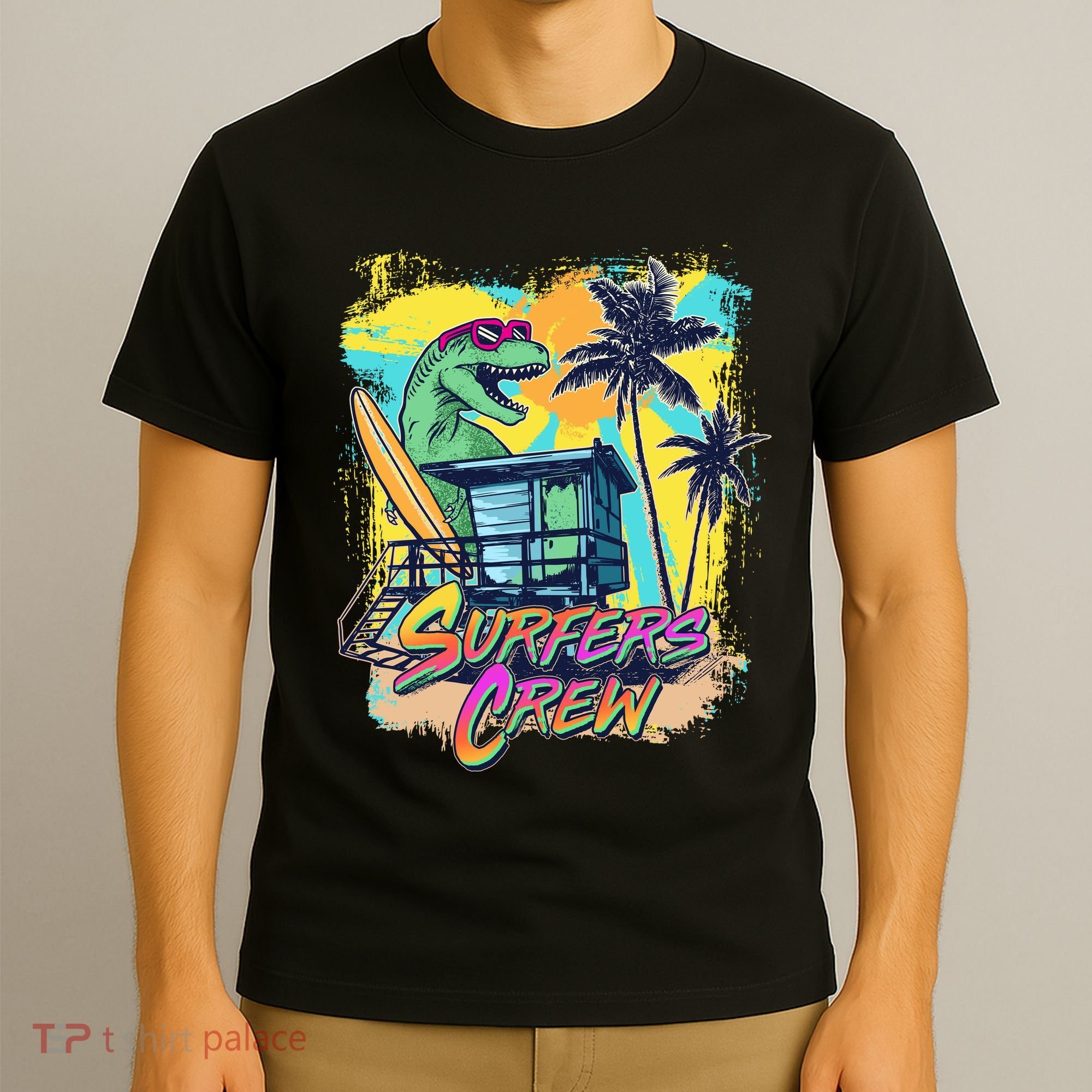 Retro 80s Eighties TRex Dinosaur Surfers Crew T-Shirt