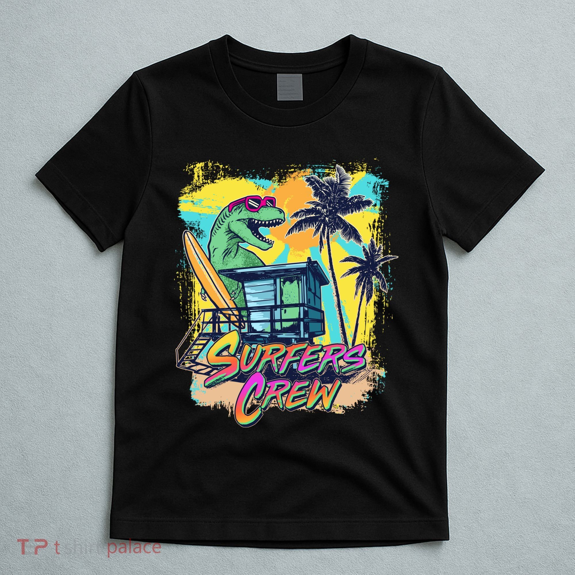 Retro 80s Eighties TRex Dinosaur Surfers Crew T-Shirt