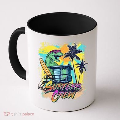 Retro 80s Eighties TRex Dinosaur Surfers Crew Coffee Mug