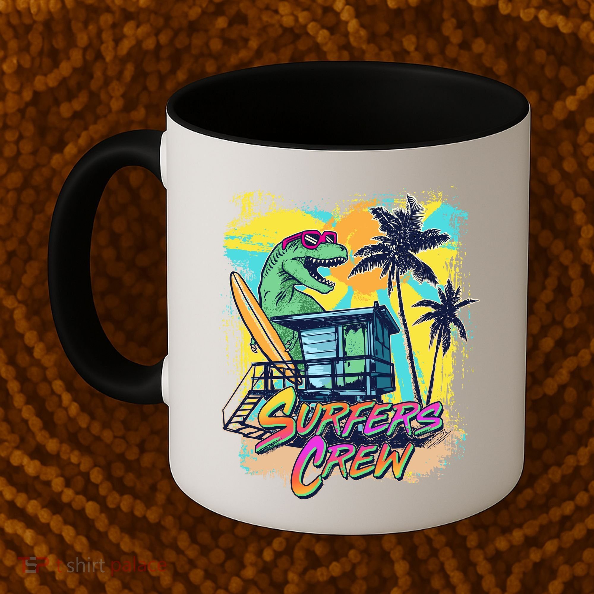 Retro 80s Eighties TRex Dinosaur Surfers Crew Coffee Mug