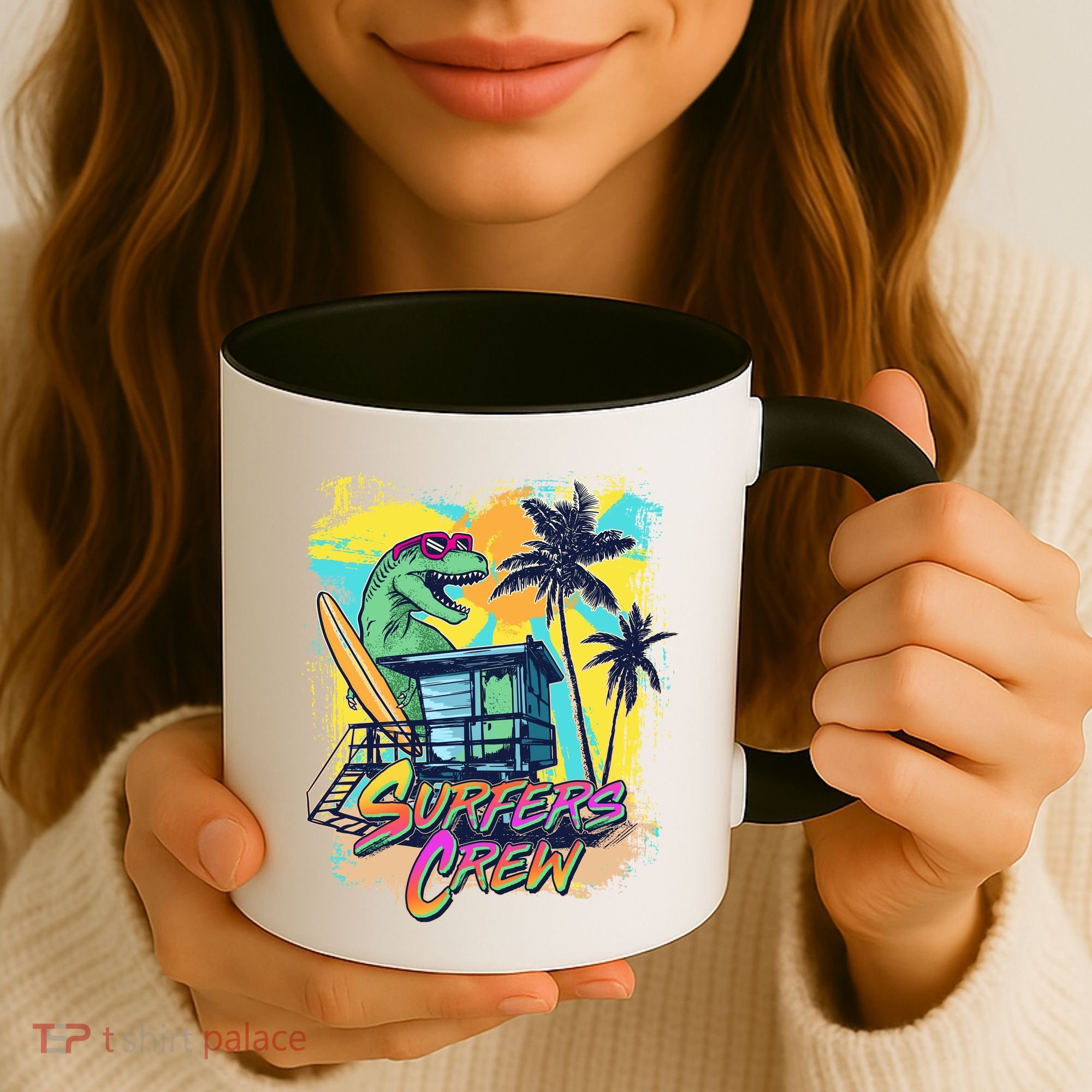 Retro 80s Eighties TRex Dinosaur Surfers Crew Coffee Mug