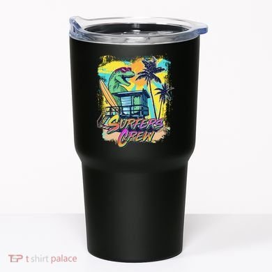 Retro 80s Eighties TRex Dinosaur Surfers Crew Tumbler