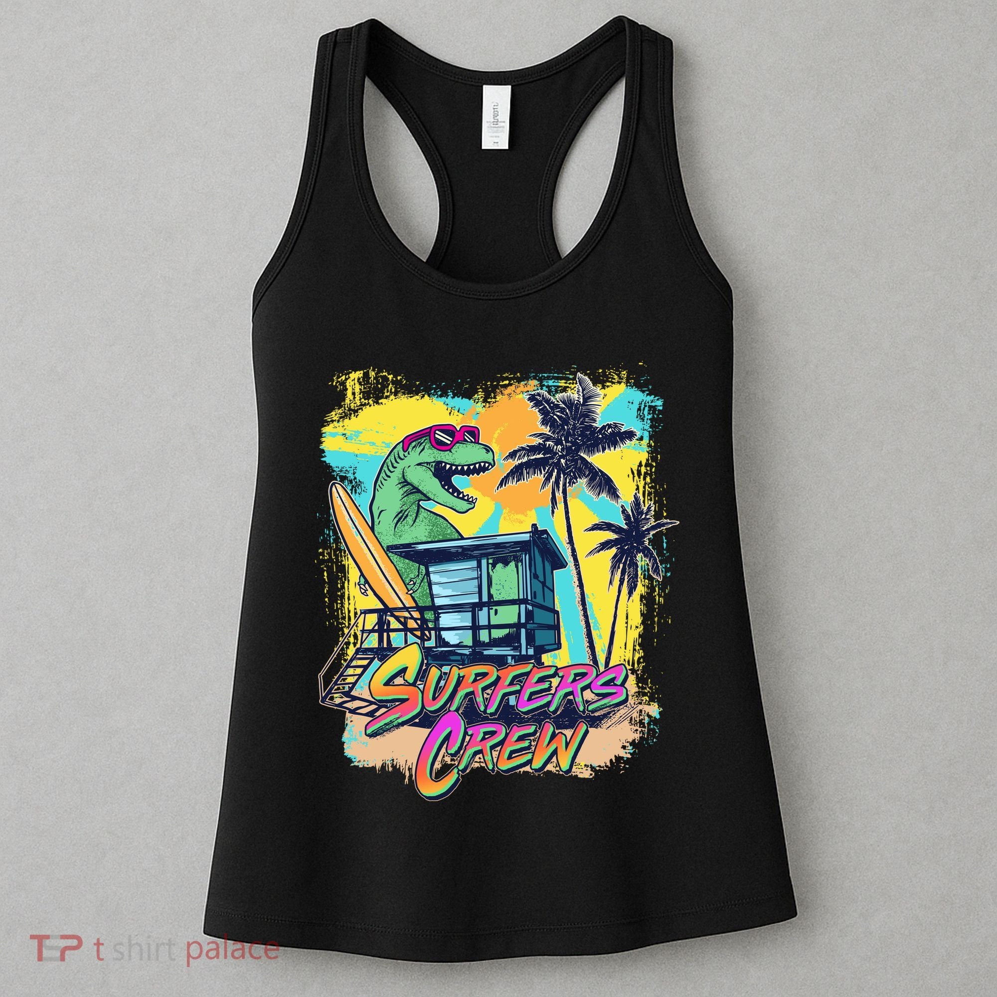 Retro 80s Eighties TRex Dinosaur Surfers Crew Women's Tank Top