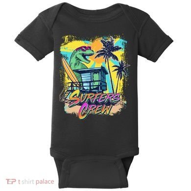 Retro 80s Eighties TRex Dinosaur Surfers Crew Baby Bodysuit