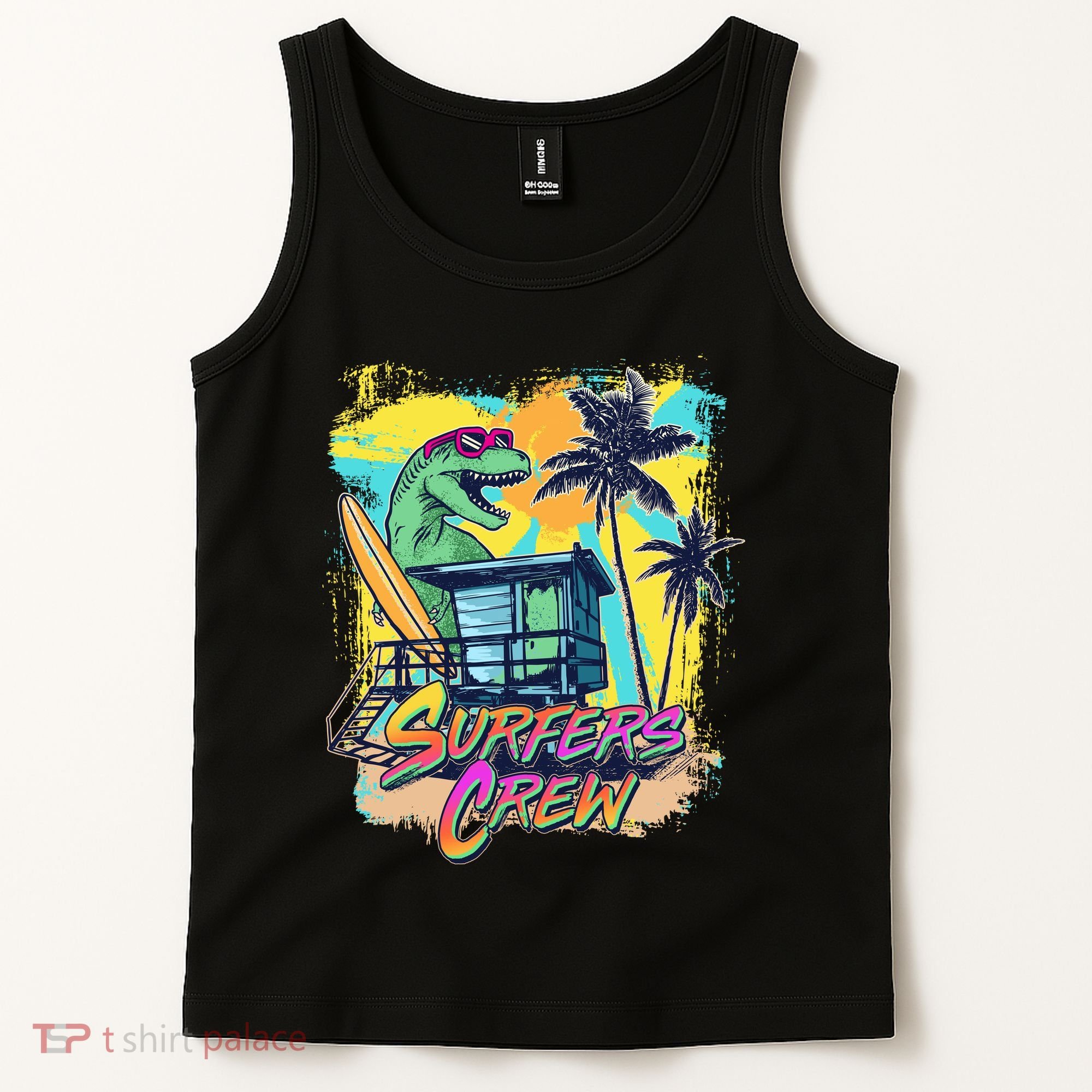Retro 80s Eighties TRex Dinosaur Surfers Crew Tank Top