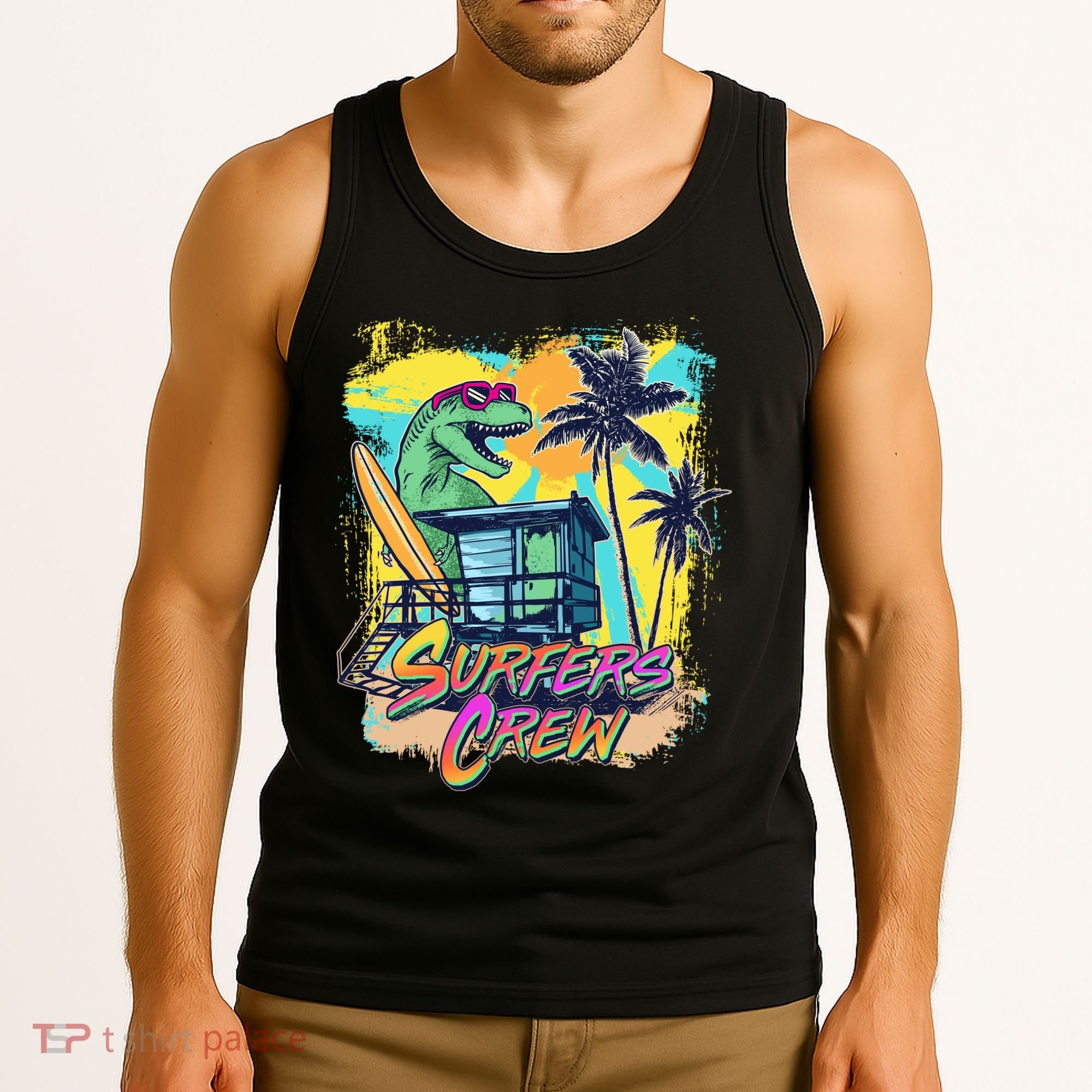 Retro 80s Eighties TRex Dinosaur Surfers Crew Tank Top