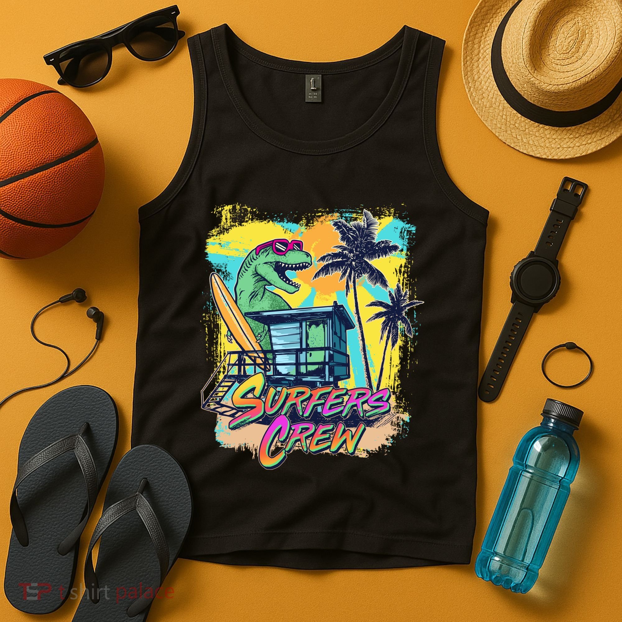 Retro 80s Eighties TRex Dinosaur Surfers Crew Tank Top