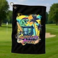 Retro 80s Eighties TRex Dinosaur Surfers Crew Golf Towel thumb 1