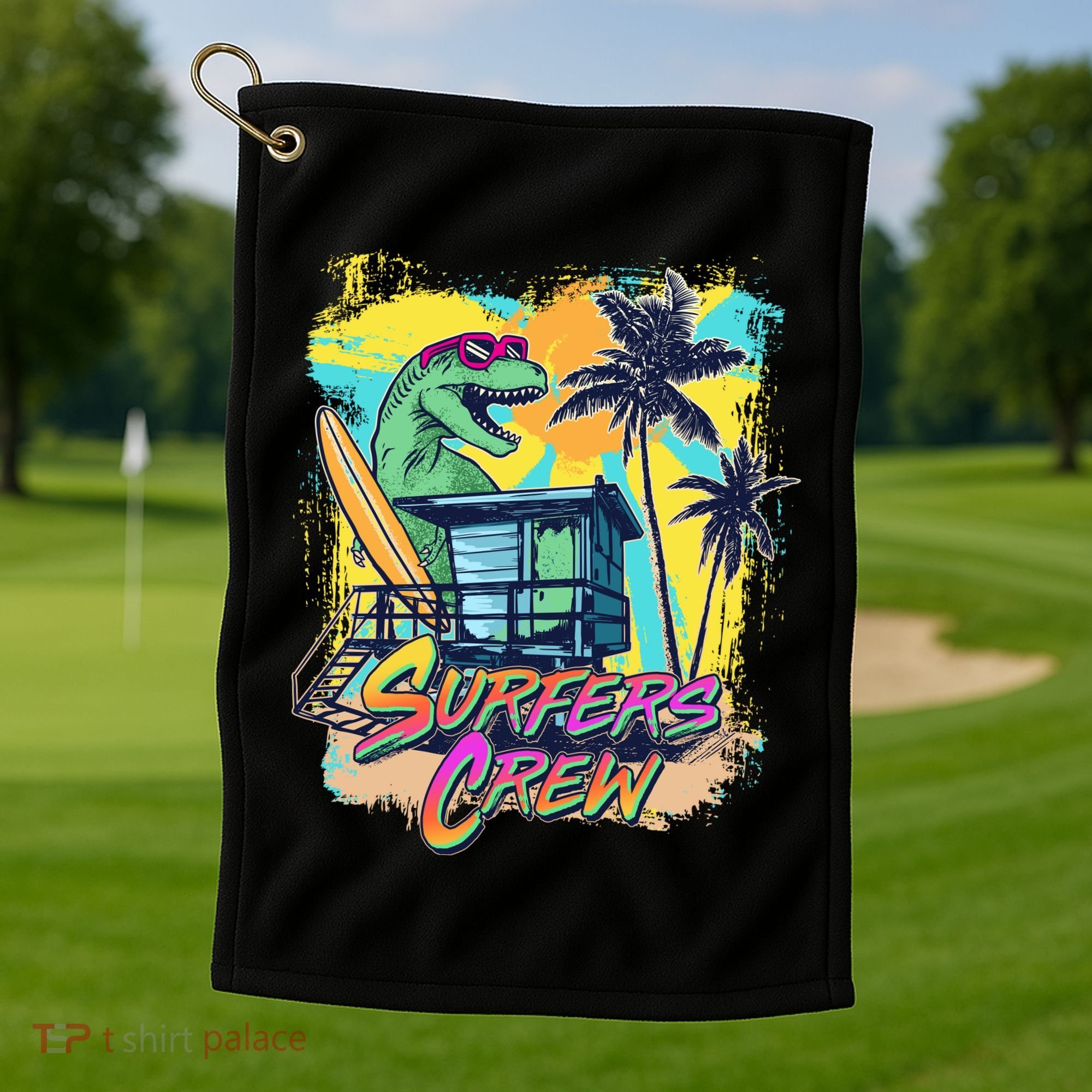 Retro 80s Eighties TRex Dinosaur Surfers Crew Golf Towel