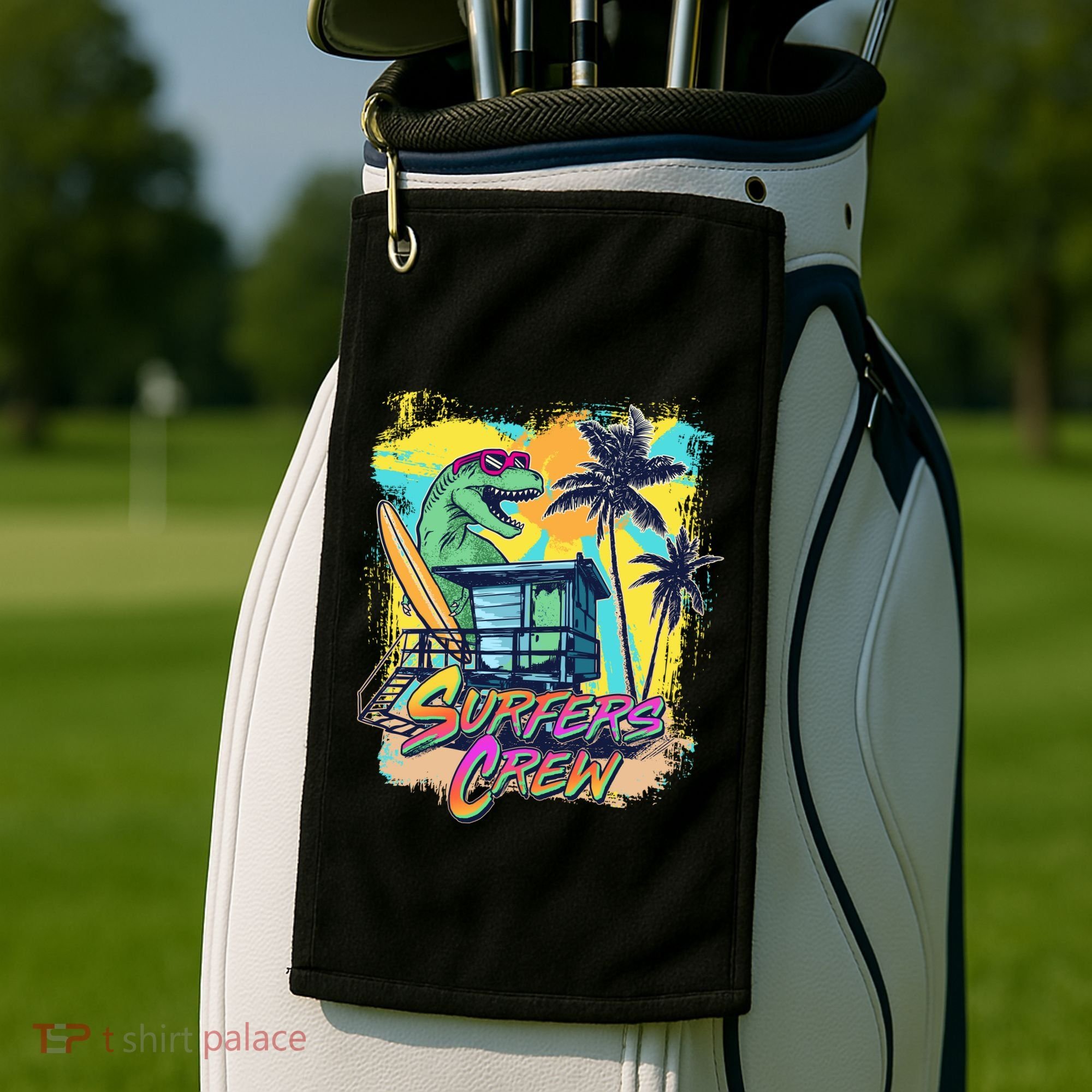 Retro 80s Eighties TRex Dinosaur Surfers Crew Golf Towel