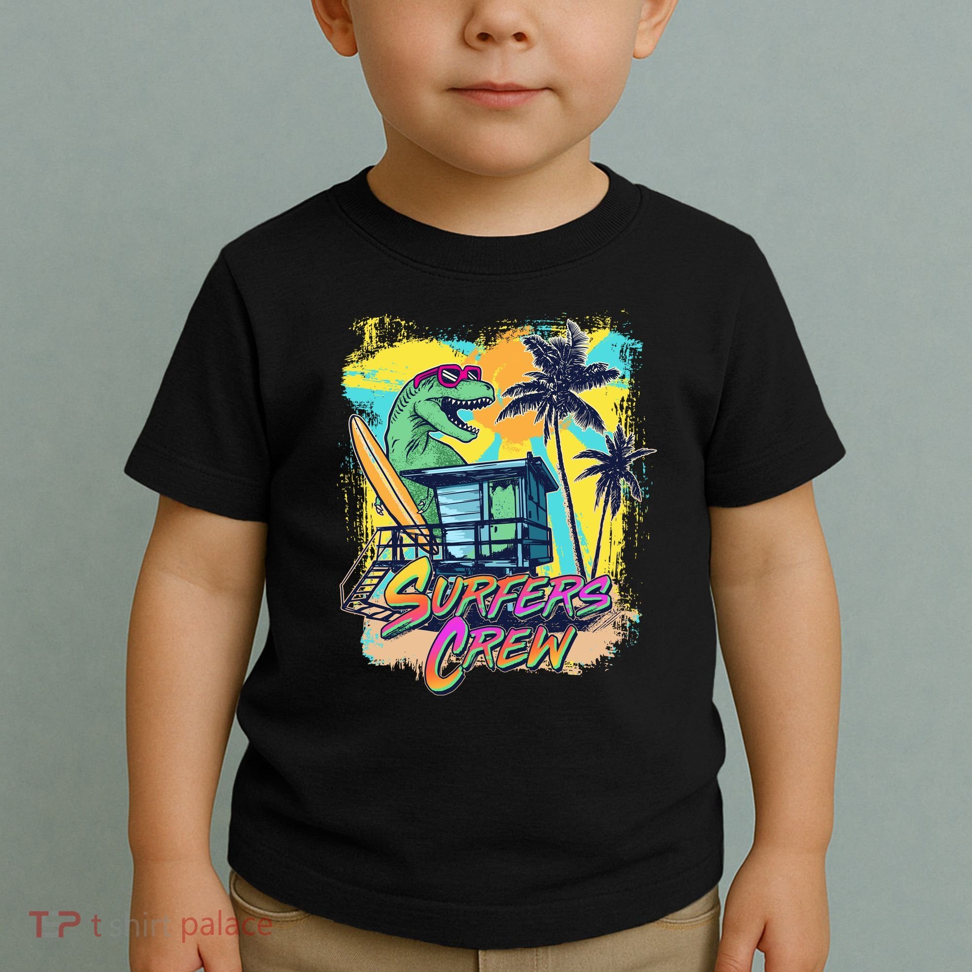 Retro 80s Eighties TRex Dinosaur Surfers Crew Toddler T-Shirt