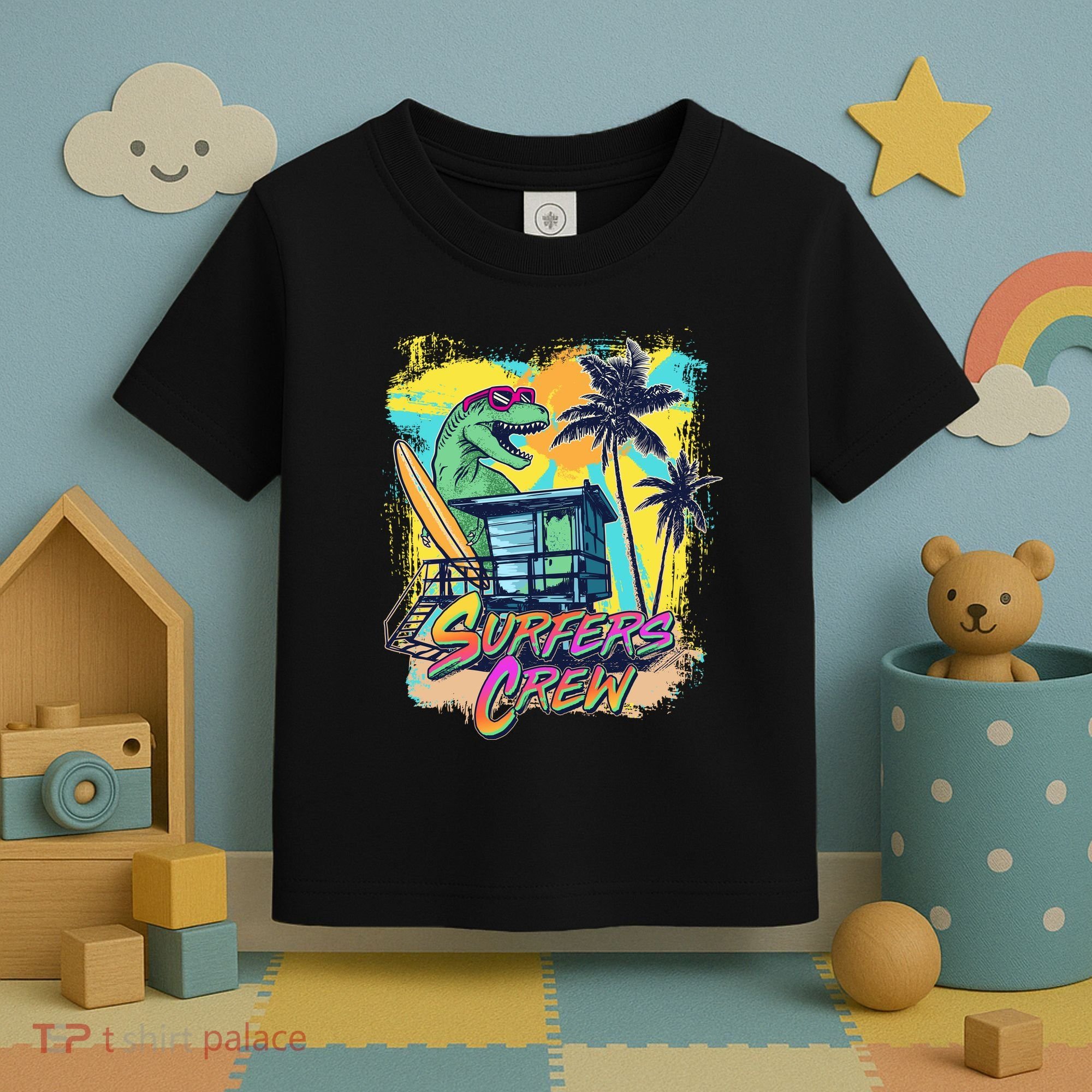 Retro 80s Eighties TRex Dinosaur Surfers Crew Toddler T-Shirt