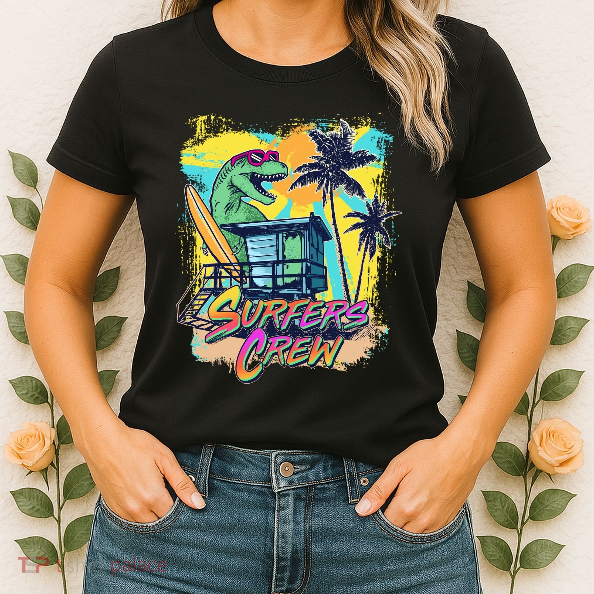 Retro 80s Eighties TRex Dinosaur Surfers Crew Women's T-Shirt