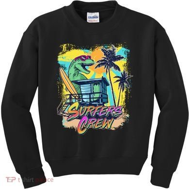 Retro 80s Eighties TRex Dinosaur Surfers Crew Kids Sweatshirt