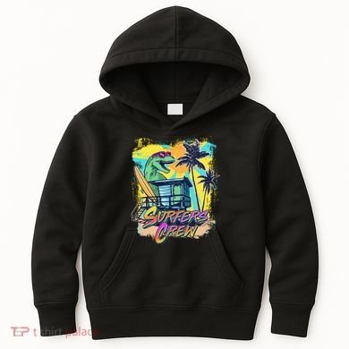 Retro 80s Eighties TRex Dinosaur Surfers Crew Kids Hoodie