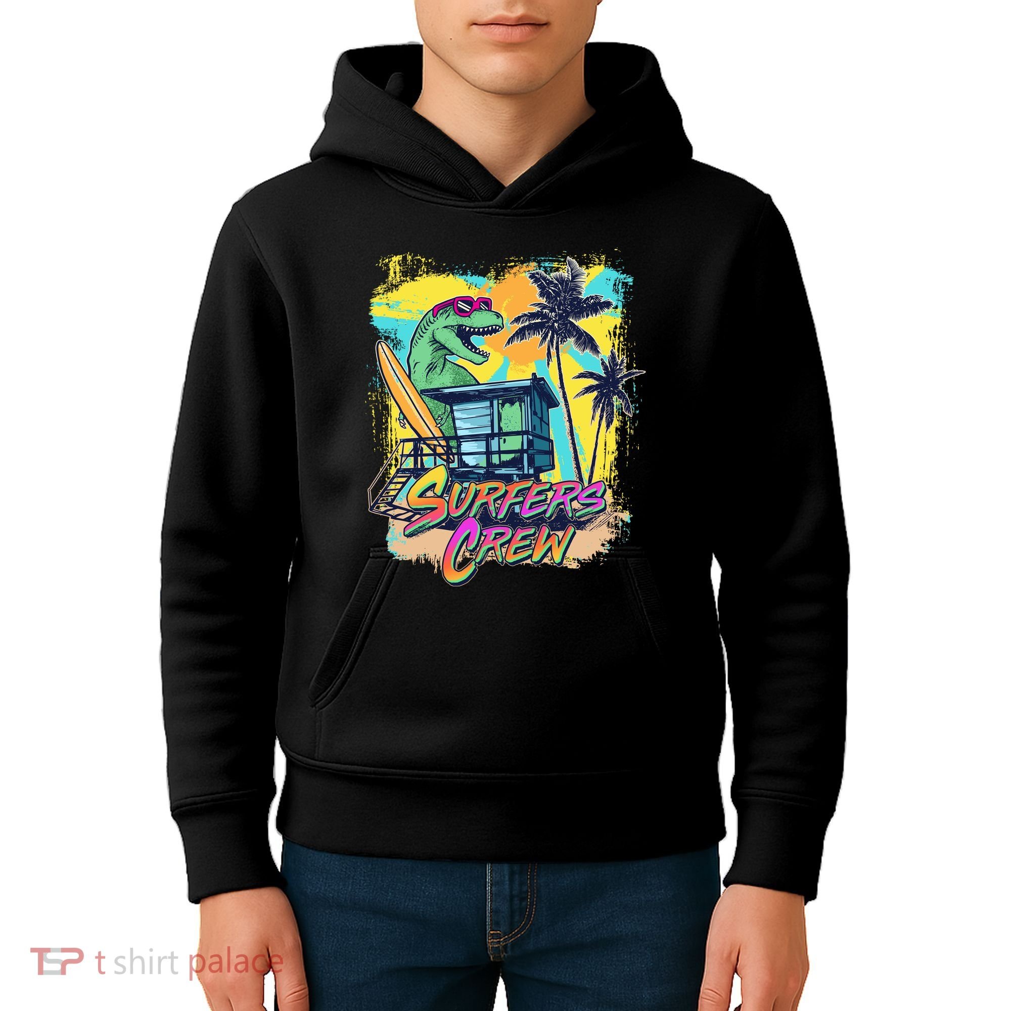 Retro 80s Eighties TRex Dinosaur Surfers Crew Kids Hoodie