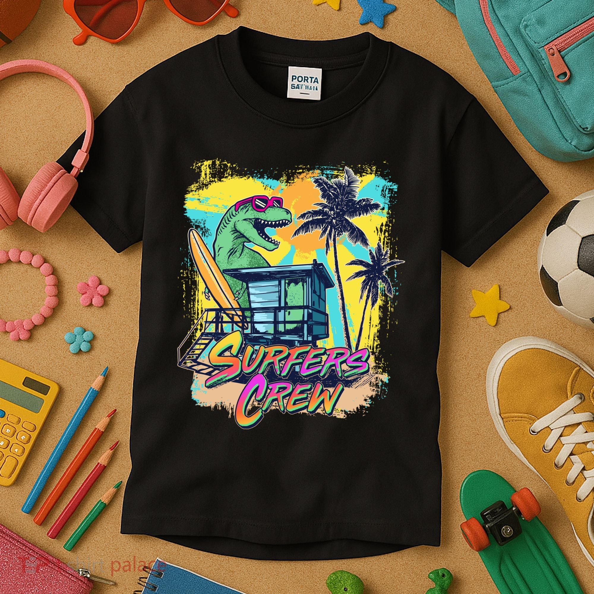 Retro 80s Eighties TRex Dinosaur Surfers Crew Kids T-Shirt