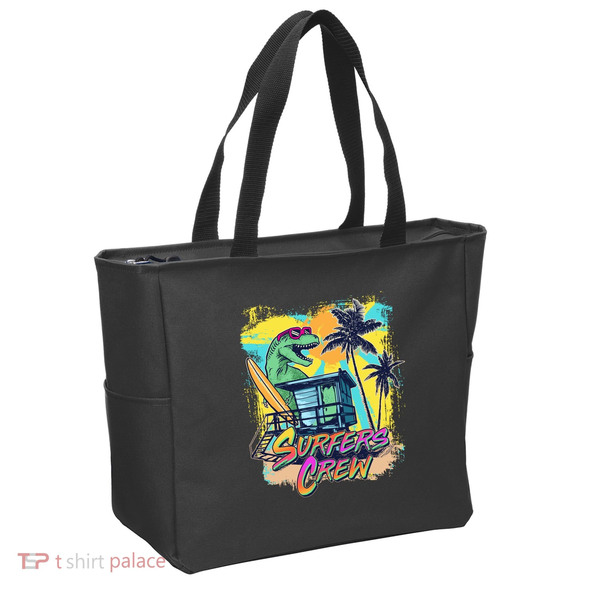 Retro 80s Eighties TRex Dinosaur Surfers Crew Tote Bag