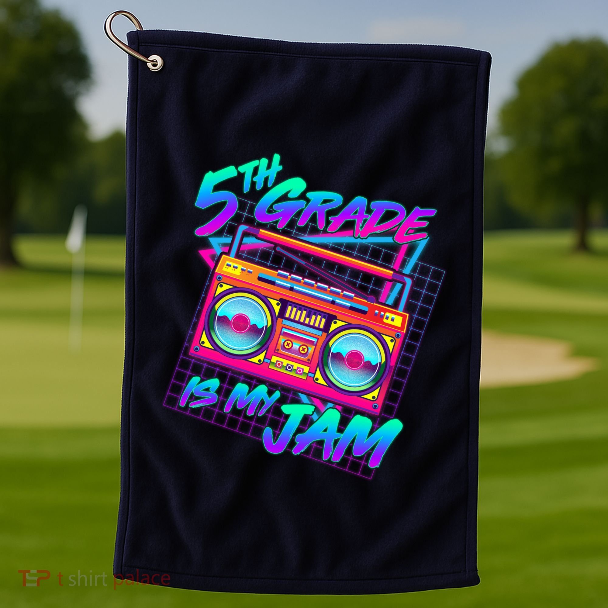 Retro 80's Fifth Grade Is My Jam Neon Boombox Golf Towel