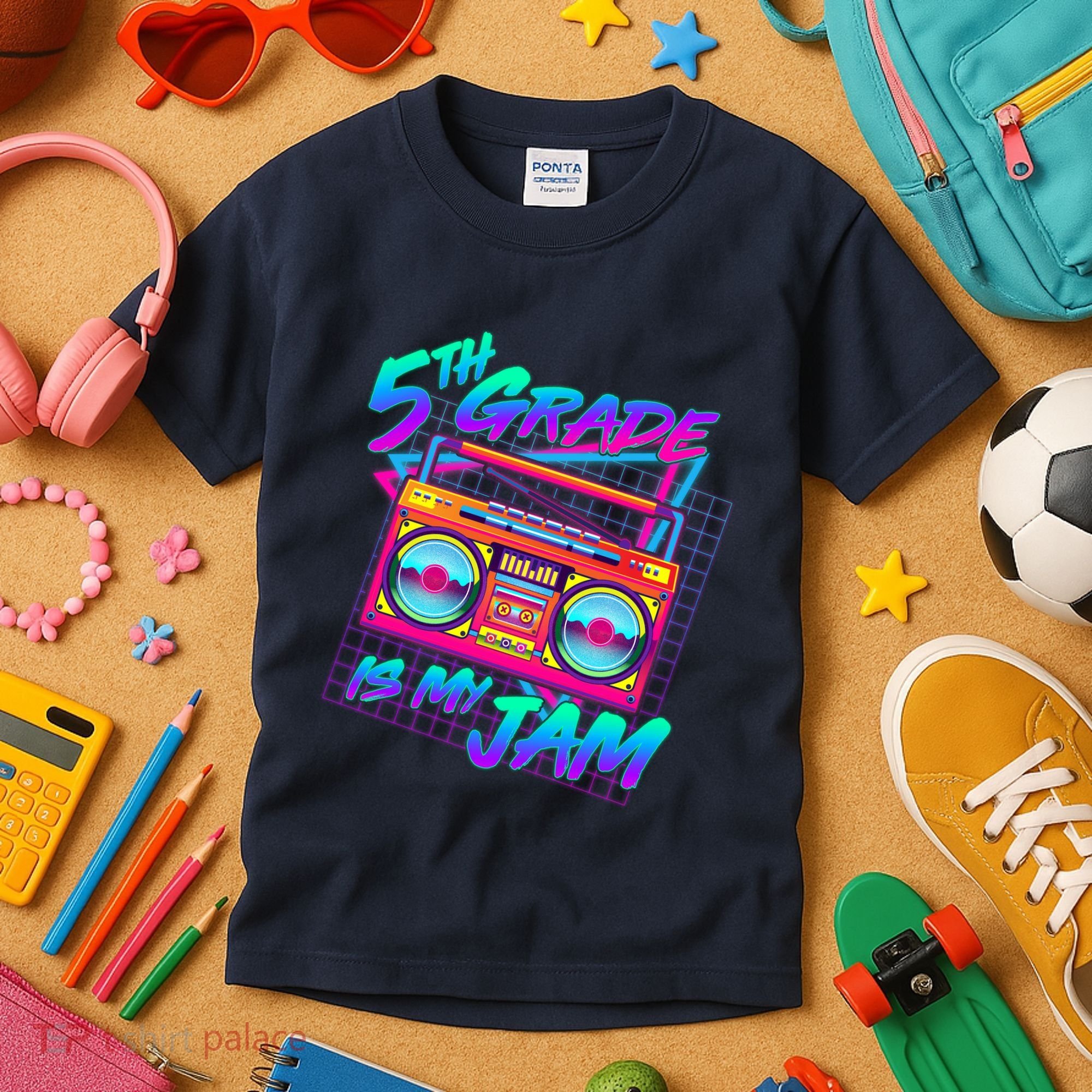 Retro 80's Fifth Grade Is My Jam Neon Boombox Kids T-Shirt