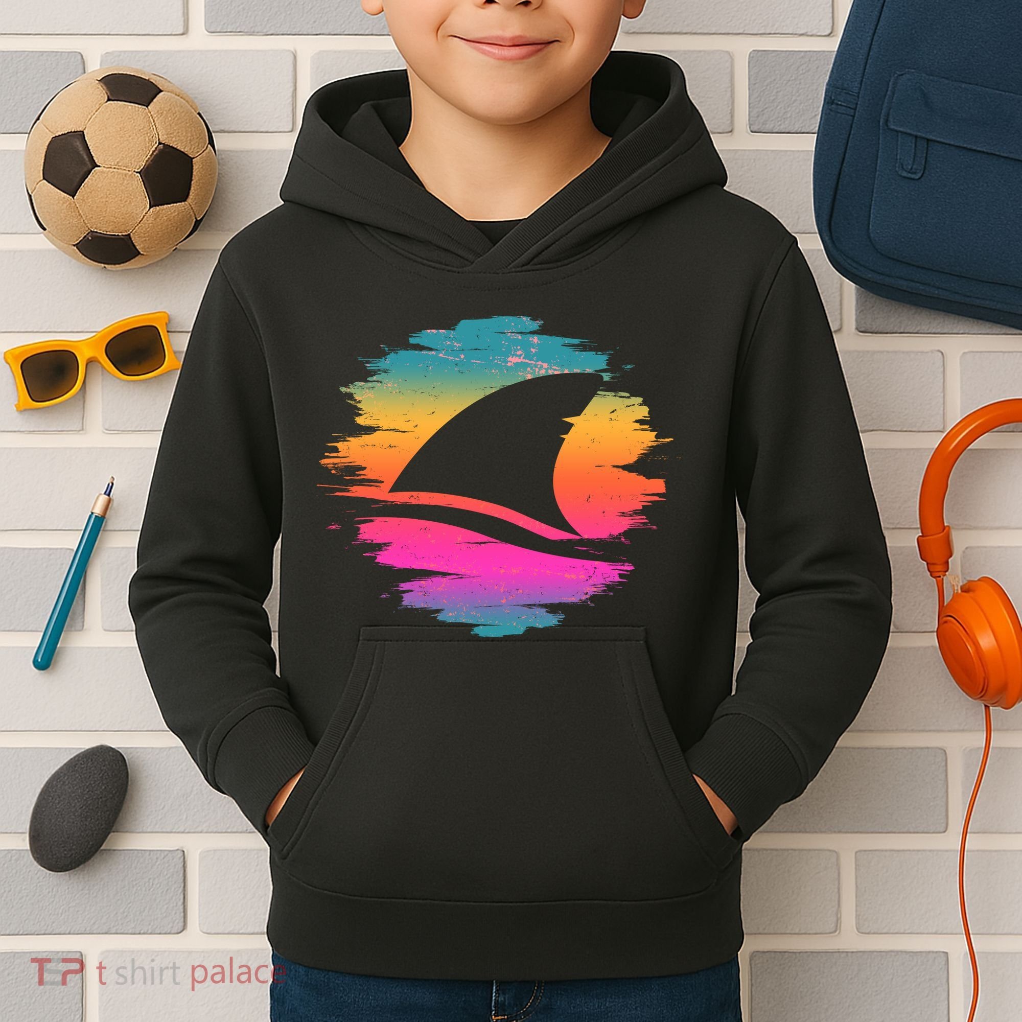 Retro 80's Neon Shark Fin Kids Hoodie