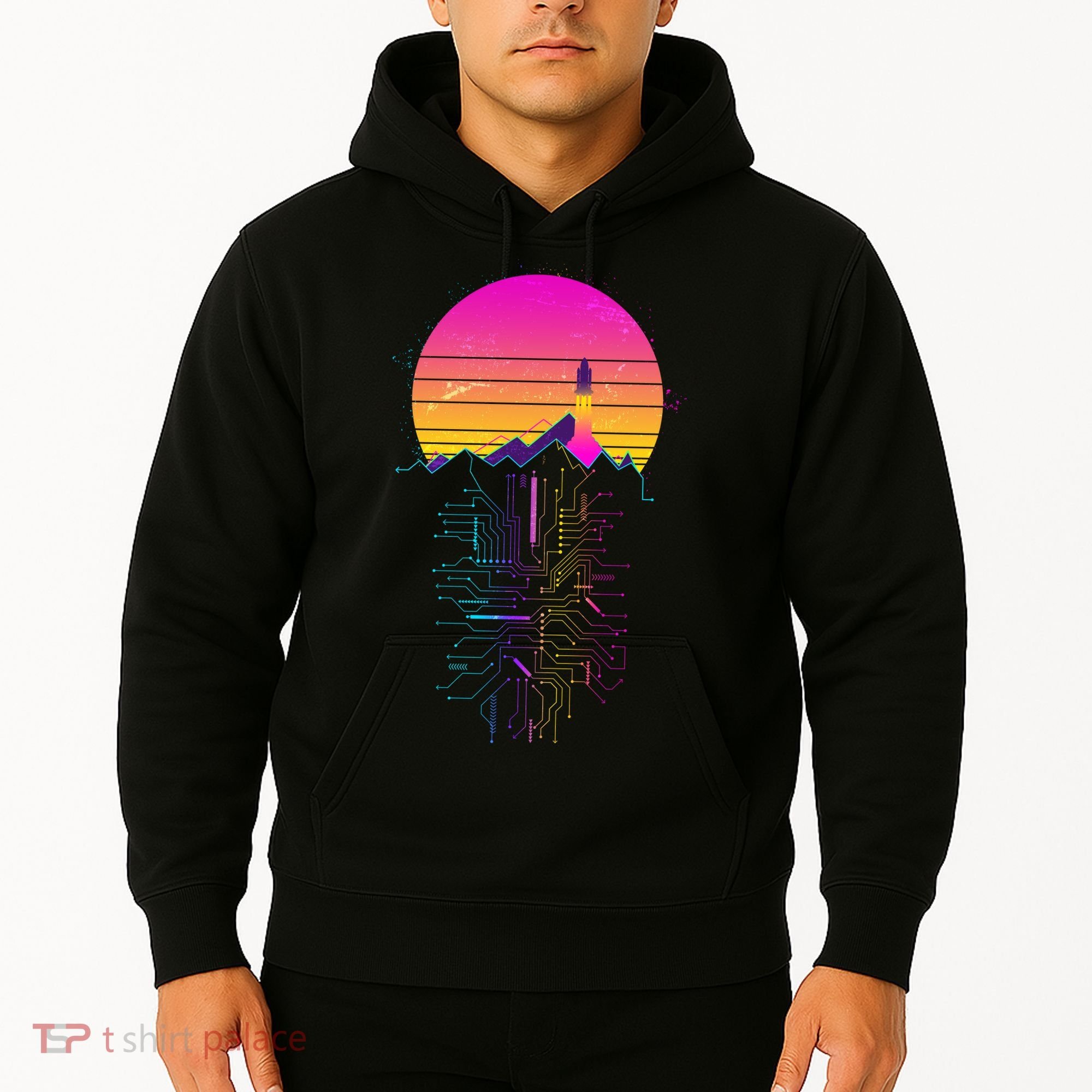 Retro 80s Space Shuttle Launch Circuit Mountain Hoodie