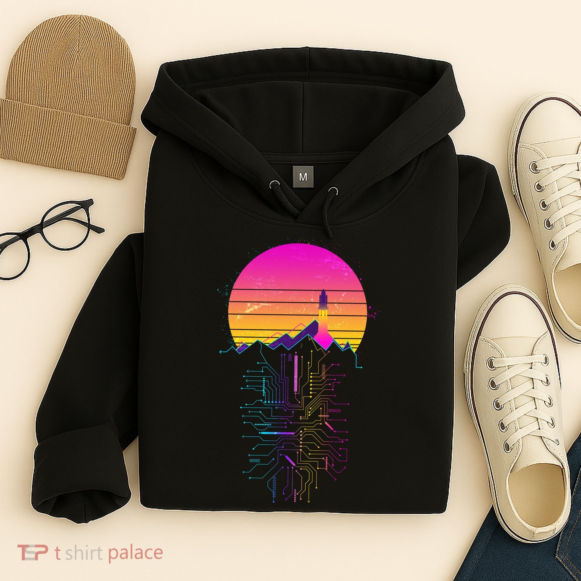 Retro 80s Space Shuttle Launch Circuit Mountain Hoodie