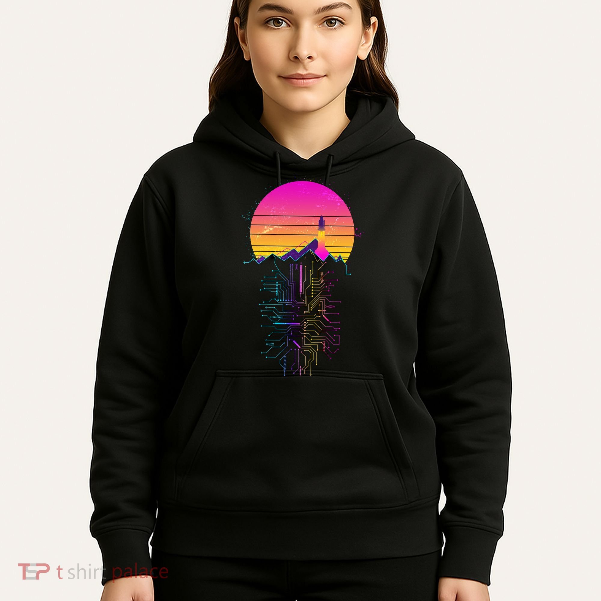 Retro 80s Space Shuttle Launch Circuit Mountain Hoodie