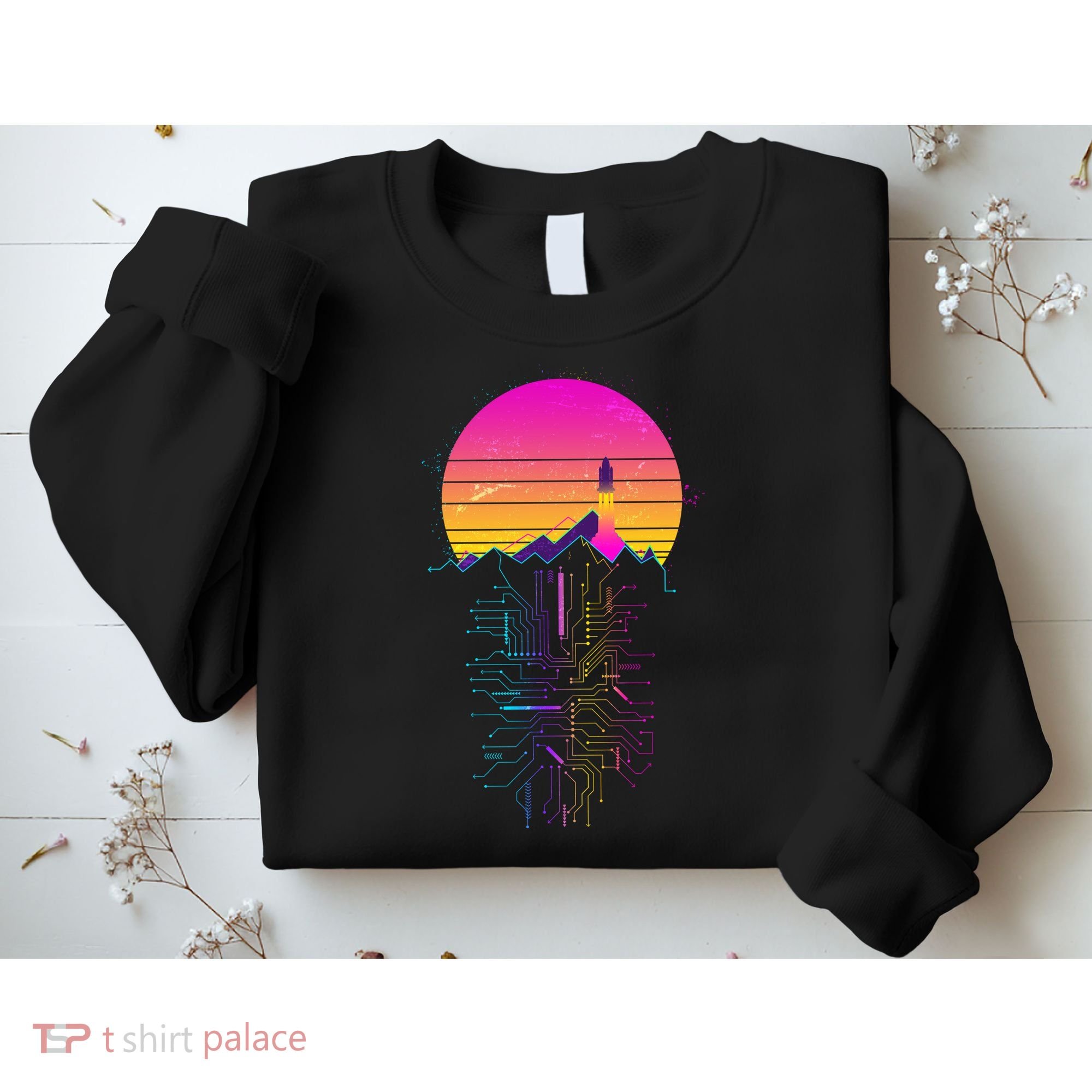 Retro 80s Space Shuttle Launch Circuit Mountain Sweatshirt