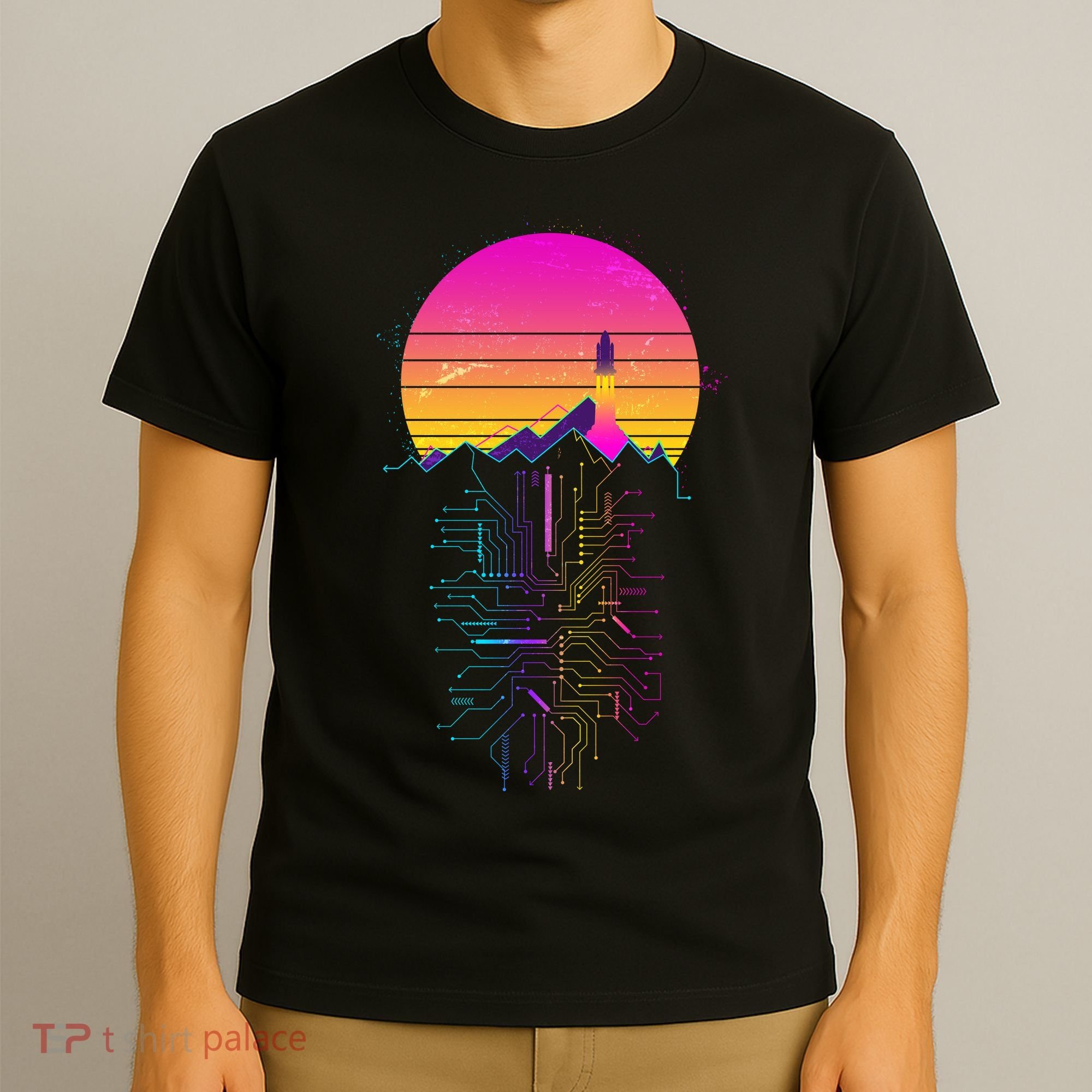 Retro 80s Space Shuttle Launch Circuit Mountain T-Shirt