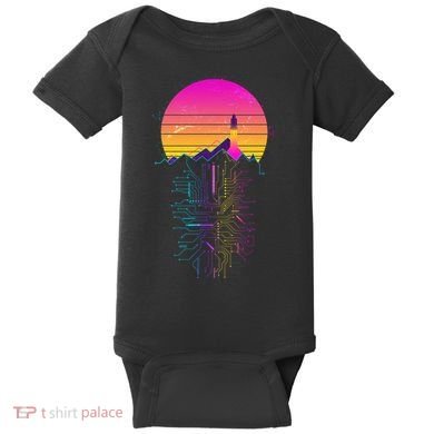 Retro 80s Space Shuttle Launch Circuit Mountain Baby Bodysuit