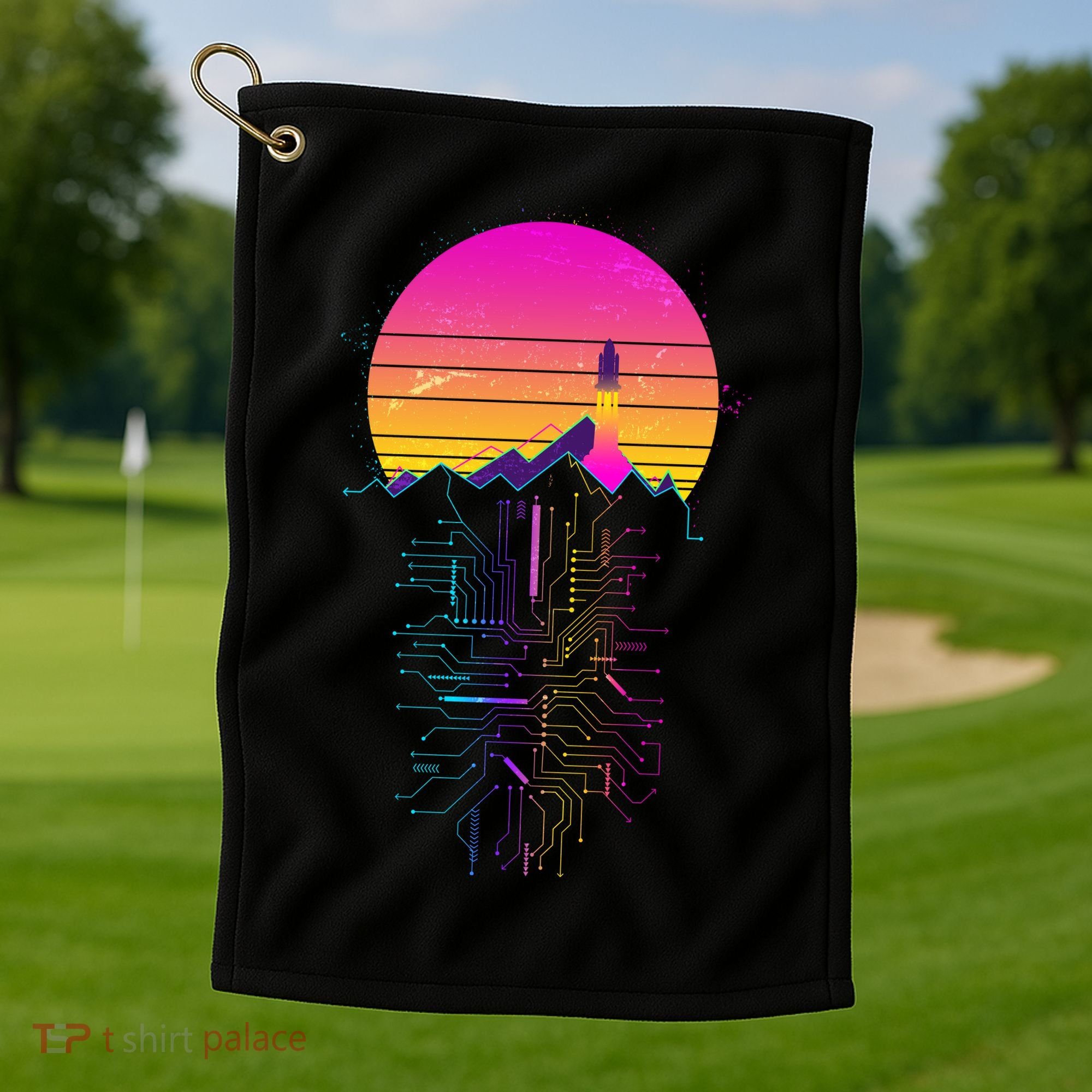 Retro 80s Space Shuttle Launch Circuit Mountain Golf Towel