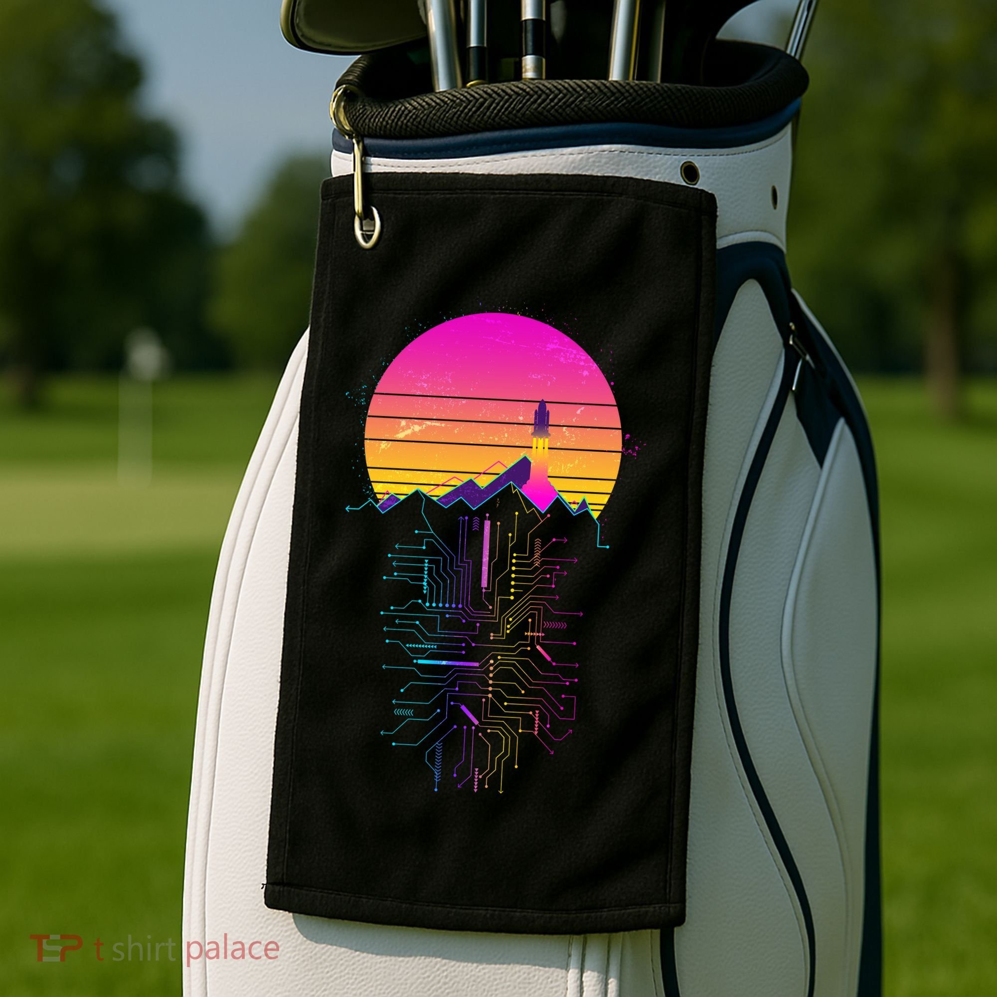 Retro 80s Space Shuttle Launch Circuit Mountain Golf Towel